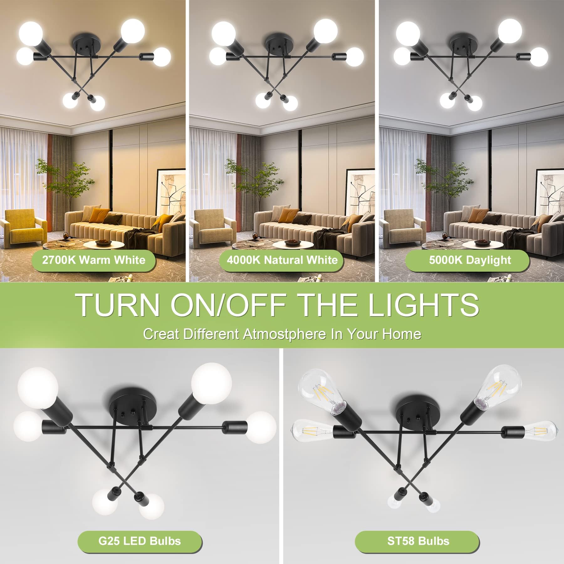 Modern Sputnik Chandelier Ceiling Light Fixture - 6-Light Black Mid Century Design with E26 Base (Bulbs Not Included) - Perfect for Bedroom, Dining Room, Living Room & Kitchen Lighting Decor