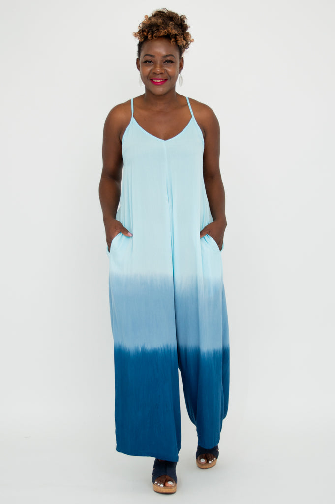 Ender Jumpsuit Women's Fashion - Turquoise Dip Dye One Piece Romper for Casual Wear, Street Style & Summer Outfits