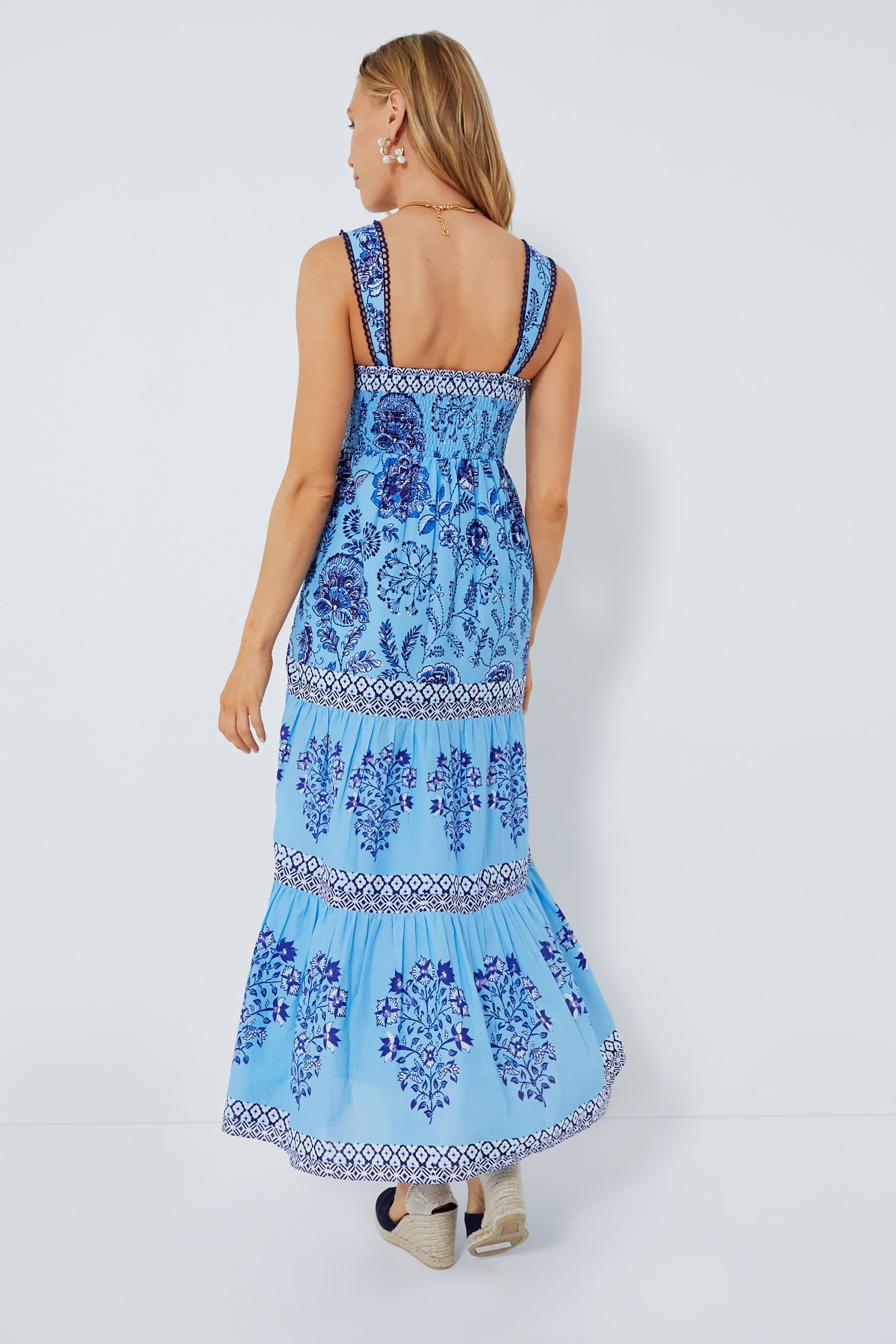 Blue Hebe Midi Dress - Women's Floral Print Summer Dress with Short Sleeves & Elastic Waist | Perfect for Beach Vacation, Date Night & Casual Outings