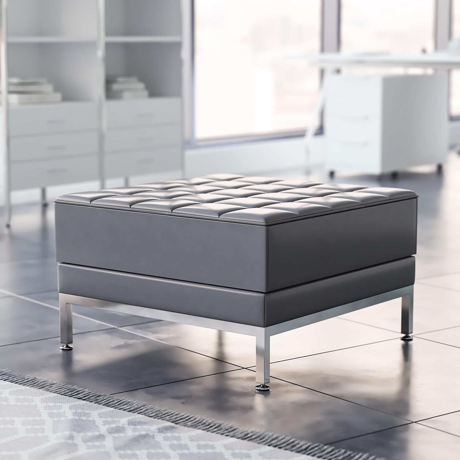 Flash Furniture Hercules Series Gray Leathersoft Ottoman - Stylish Footrest & Extra Seating for Living Room, Bedroom, or Office