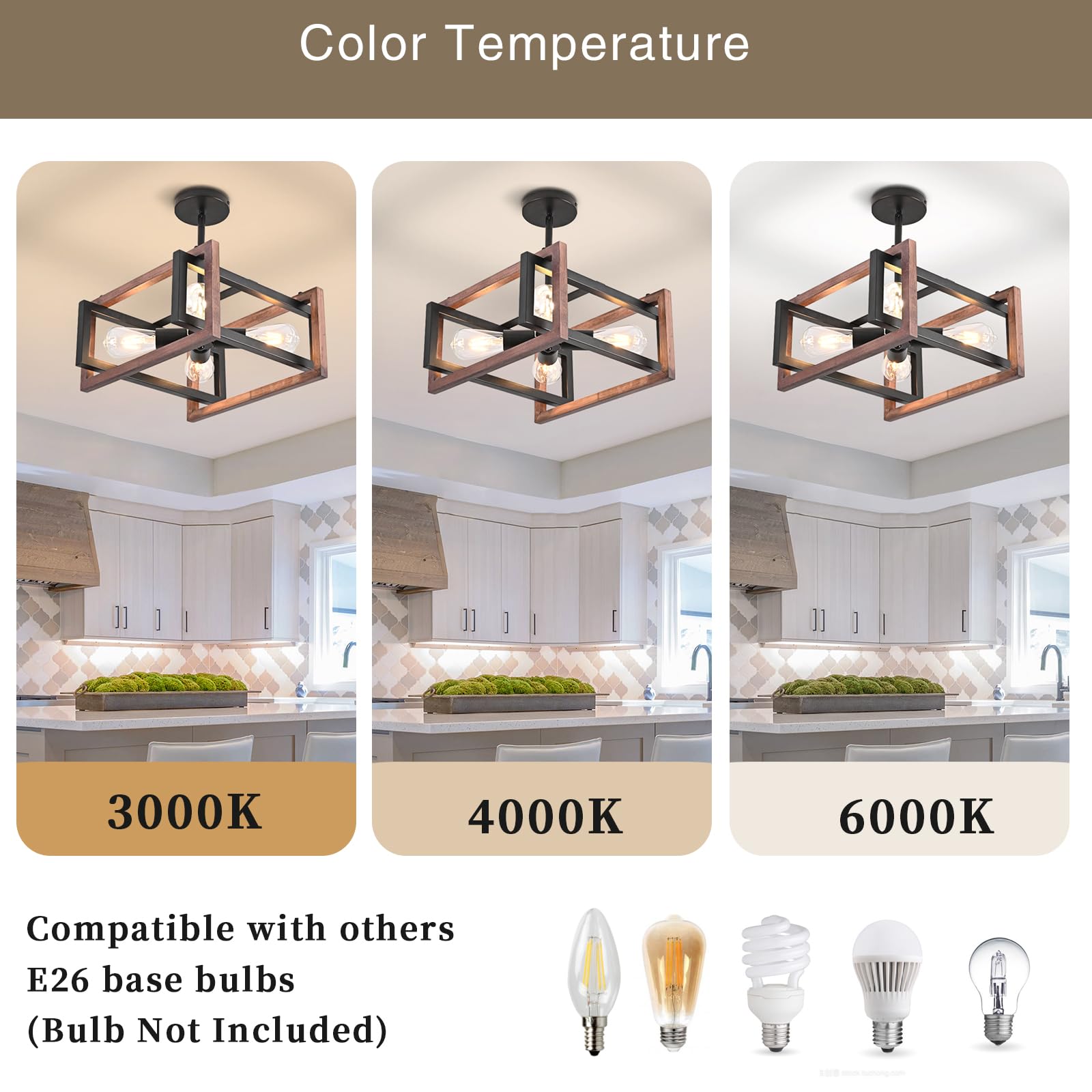 HuisMier 4-Light Farmhouse Ceiling Light Fixture - Rustic Wood & Metal Semi-Flush Mount Chandelier in Black - Industrial Style Lighting for Dining Room, Kitchen, Bedroom, Living Room, Hallway & Entryway - Perfect for Farmhouse, Industrial & Rustic Home Decor