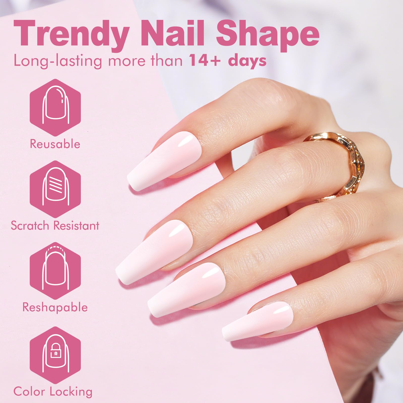 Long Coffin Press On Nails - Semi-Transparent Pink Blush Fake Nails with Glue & Jellied Gel, Reusable 24-Piece Kit (12 Sizes) for Women | Perfect for Parties, Weddings, and Everyday Glam