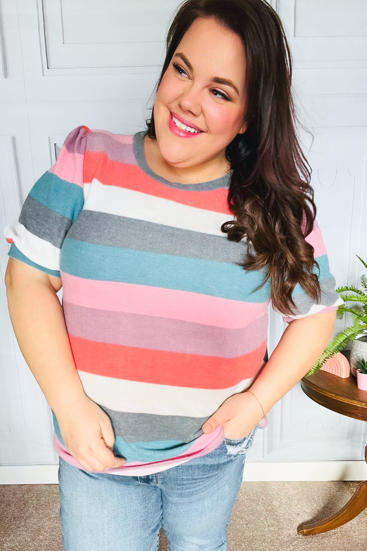 Look Out Teal & Rose Striped Hacci Knit Puff Sleeve Top | Women's Fashion Blouse | Casual & Party Wear | Perfect for Date Nights & Office Outfits