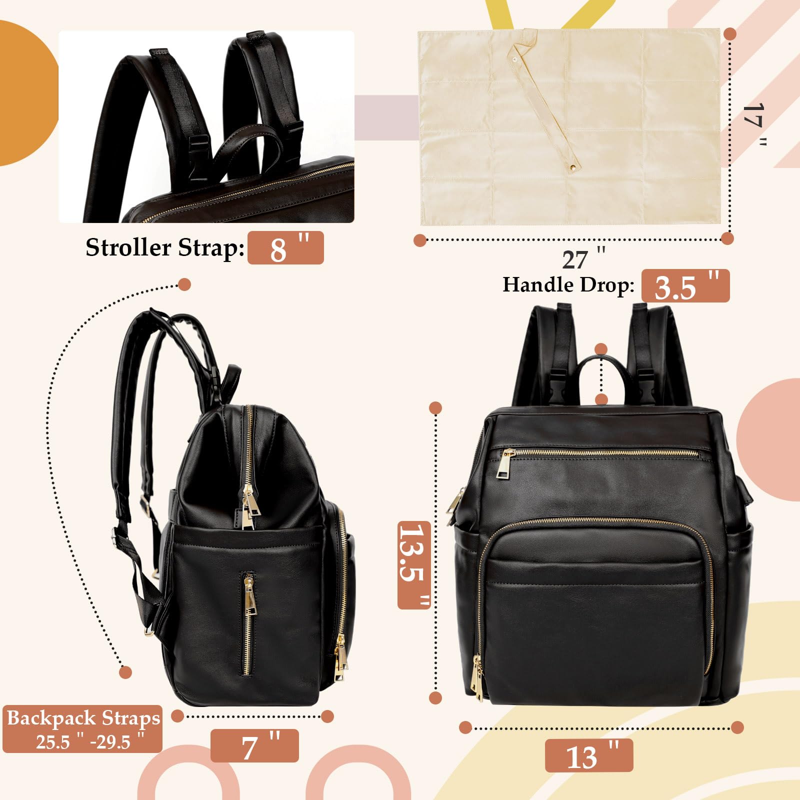 Premium Leather Diaper Backpack for Baby Essentials - 18 Pockets, 6 Insulated Compartments, USB Charging Port & Stroller Straps | Large Travel Diaper Bag with Changing Pad (Black) | Perfect for Moms, Dads & Daycare Use