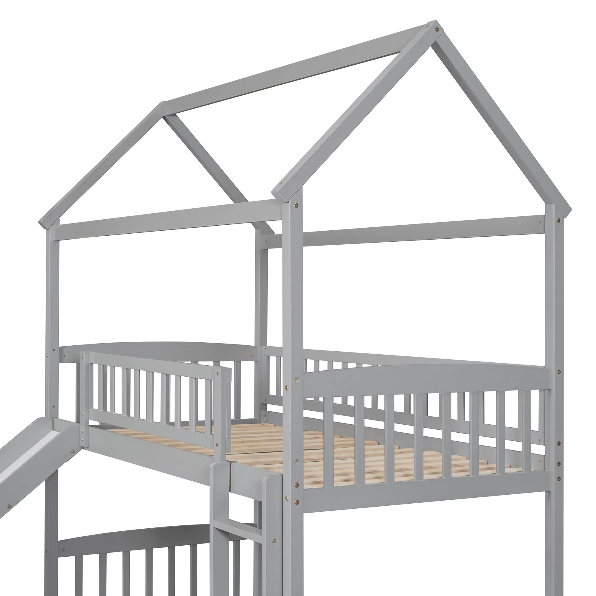Twin Over Twin Bunk Bed with Slide - Kids House Bunk Bed Frame in Grey | Space-Saving Loft Bed for Small Rooms | Perfect for Siblings Sharing Bedroom or Sleepovers