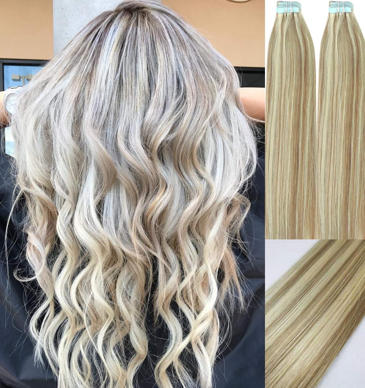 20 Inch Tape in Hair Extensions 100g 40pcs - Real Human Remy Hair, Silky Straight, Glue-in Extensions, Color #18/613 Dark Blonde with Platinum Highlights - Perfect for Daily Wear, Parties, Weddings & Special Occasions