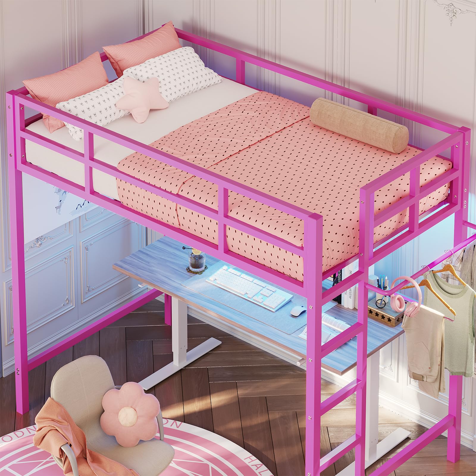 Hasuit Twin Metal Loft Bed with LED Lights - Sturdy Space-Saving Loft Bed Frame with Full-Length Guardrail & Clothes Rack - No Box Spring Needed, Noise Free - Perfect for Kids, Teens & Small Bedrooms (Pink)