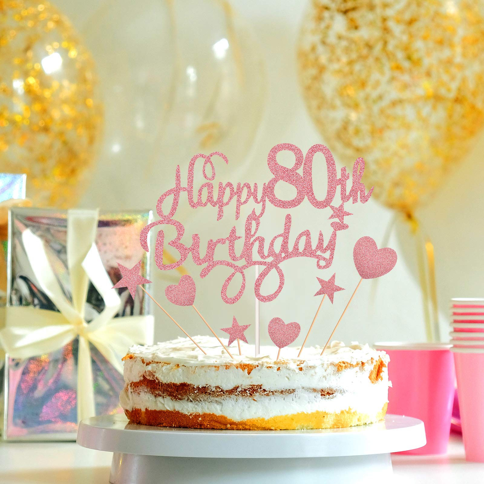 80th Birthday Cake Toppers for Women - Rose Gold Star & Heart Cake Decorations - Perfect for Birthday Party Supplies, Anniversary Celebrations & Milestone Events