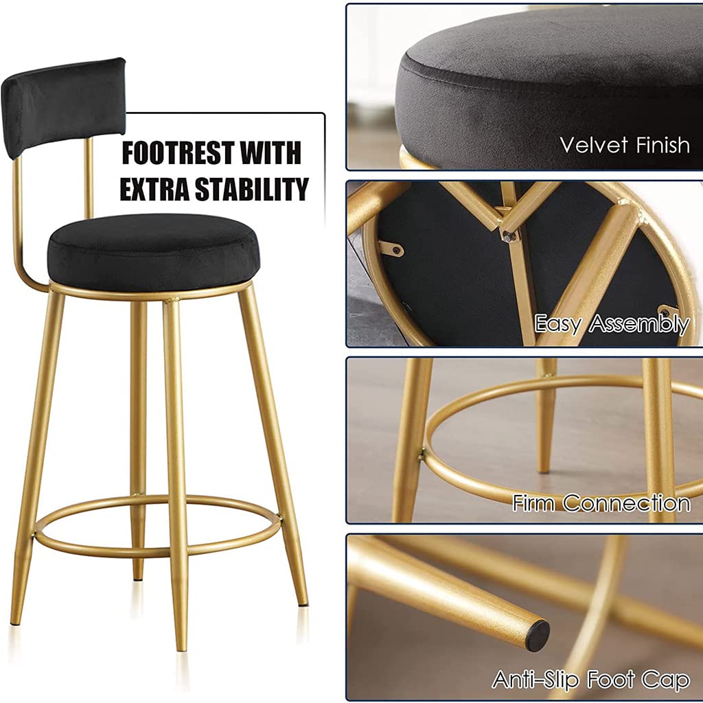 Velvet Upholstered Modern Bar Stools with Golden Metal Legs & Footrest - Counter Height Kitchen Island Stools for Breakfast Nook, Home Bar, Pub & Restaurant Dining