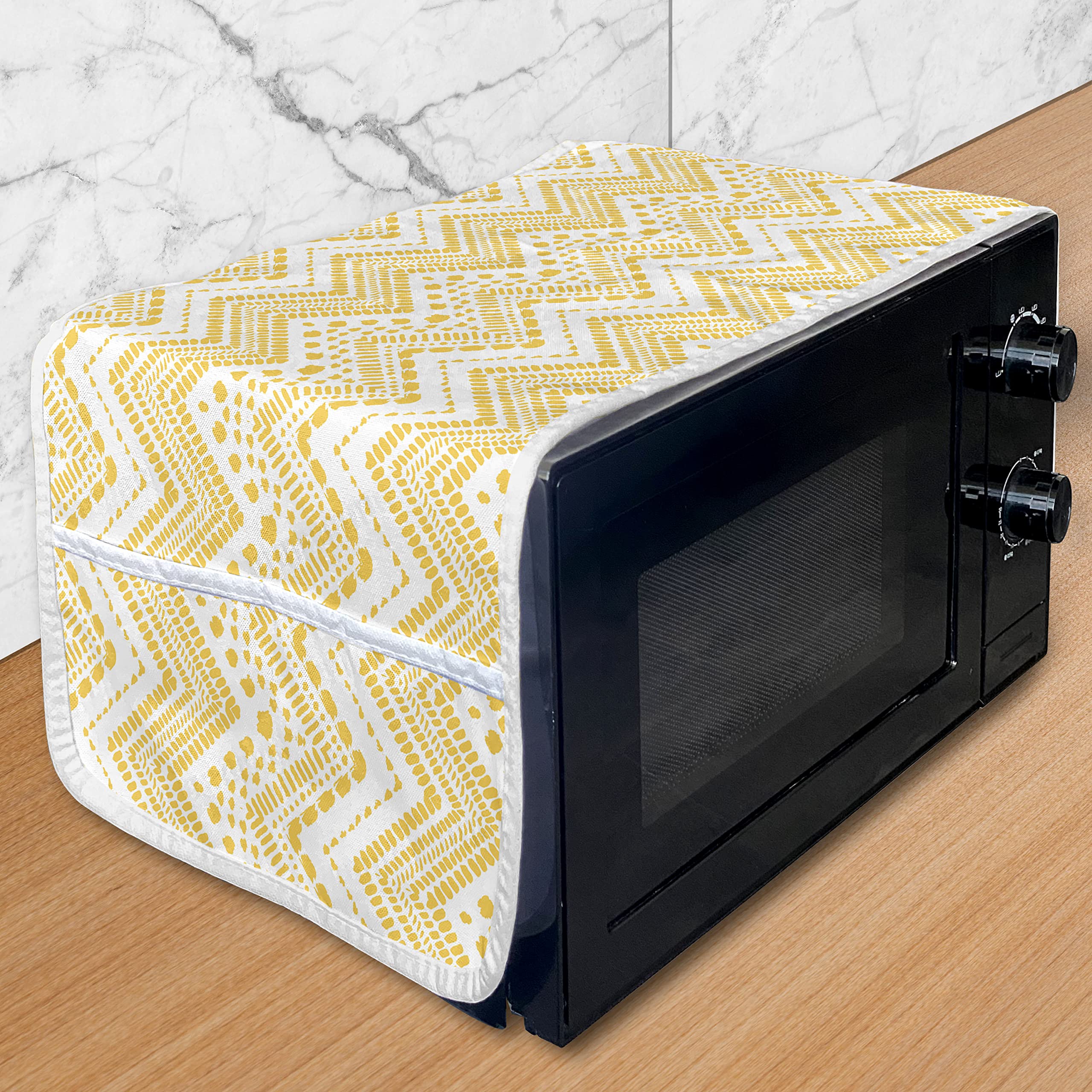 Ambesonne Yellow Chevron Microwave Cover - Hand Drawn Aztec Tribal Pattern with Dashed Lines - Waterproof Kitchen Organizer with Pockets - 36