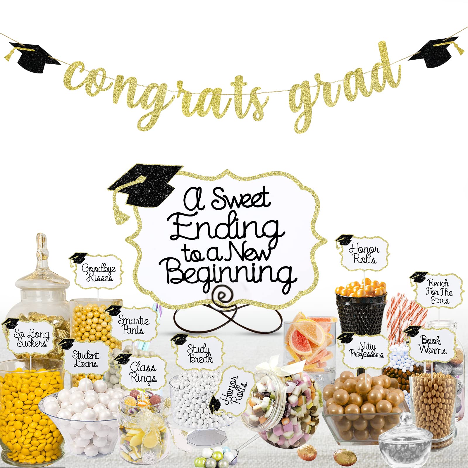 2025 Graduation Candy Bar Signs & Labels - Gold Graduation Party Decorations for Dessert Buffet, Candy Table Decor - Perfect for Graduation Party, Open House & Celebration Events