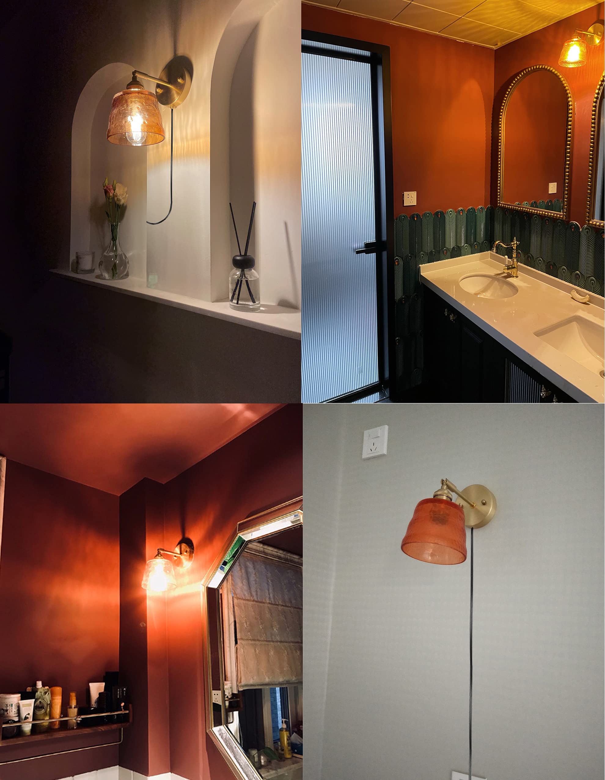 Adjustable Wall Sconce with UL Plug-in Cord - Dimmable E26 Bronze Base Reading Light with Rotating Switch & Yellow Glass Shade - Perfect for Bedroom, Hallway, Kitchen Island, and Bathroom Lighting