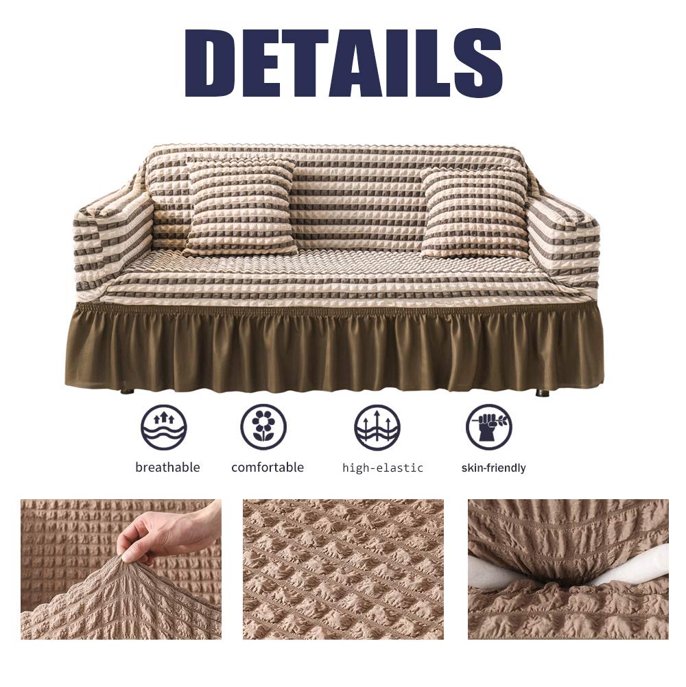 Stretchable Jacquard Sofa Slipcover with Skirt - Washable, Durable Furniture Protector for Couches & Loveseats - Deep Brown Lattice Design | Perfect for Living Room, Family Room & Home Decor