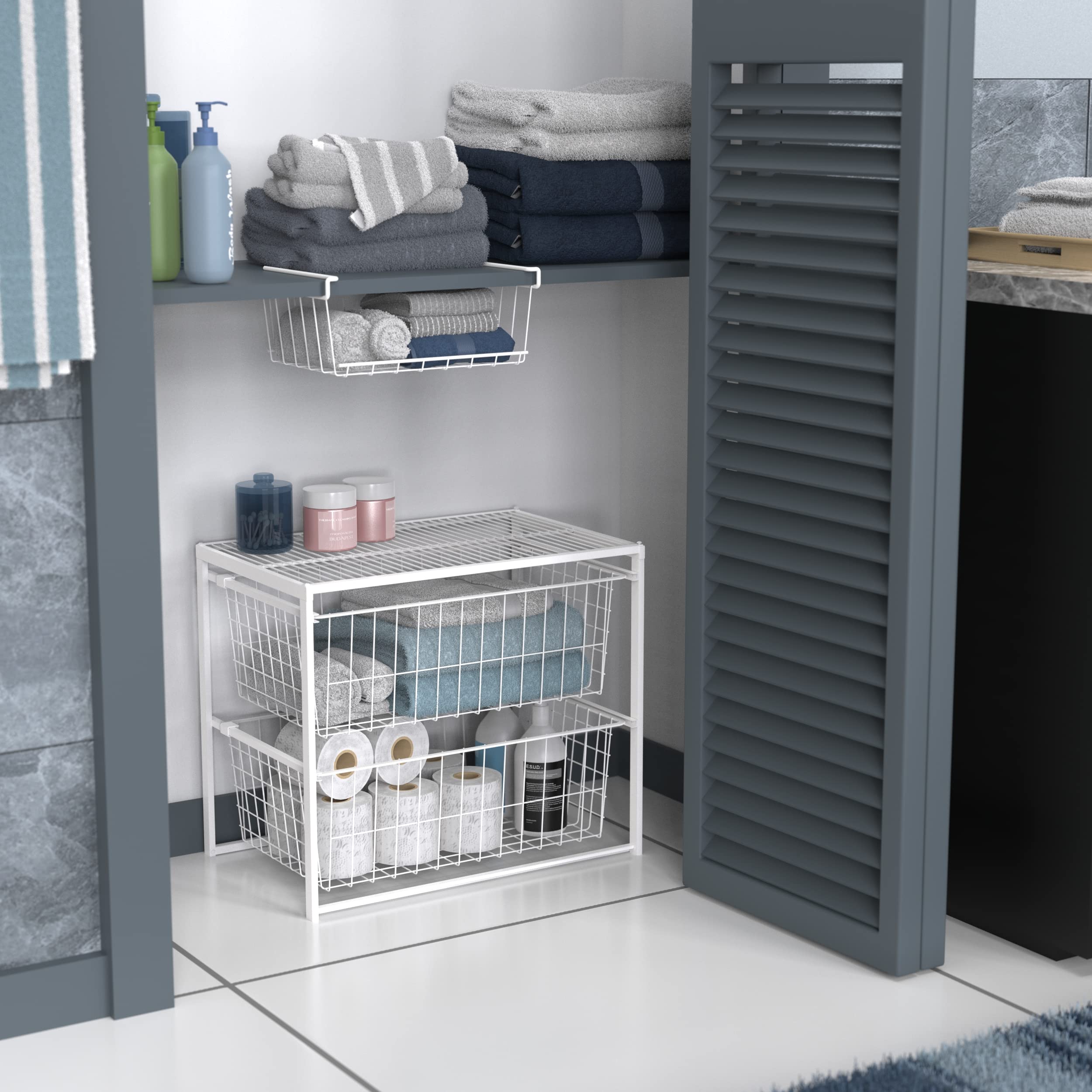 ClosetMaid 2-Drawer Wire Basket Organizer with Shelf - Sturdy Steel Storage for Pantry, Closet, Clothes & Linens - Easy Assembly White - Perfect for Bedroom, Bathroom & Kitchen Organization