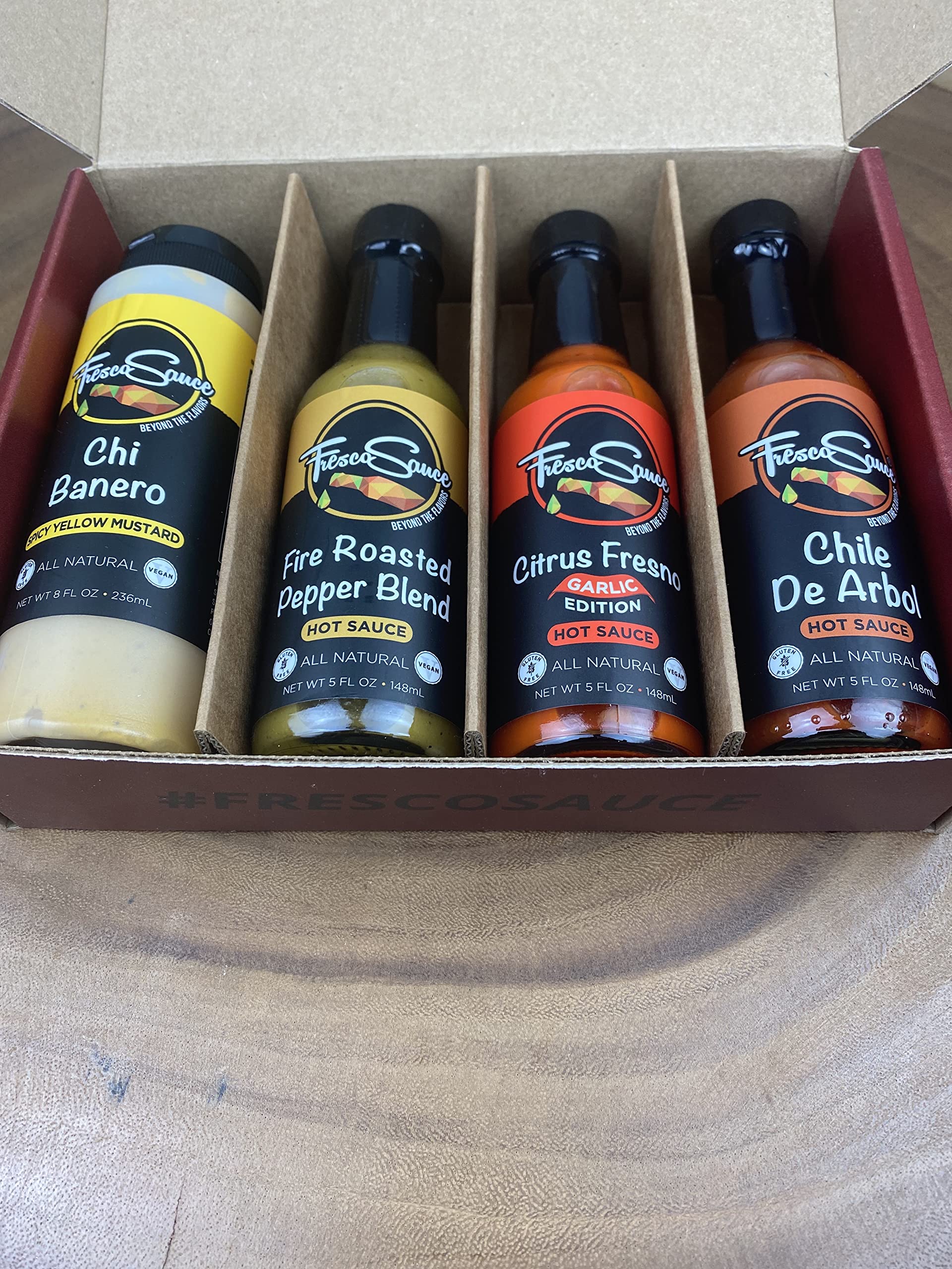 Fresco Sauce - Premium Hot Sauce Gift Box 4 Pack (Chi Banero Mustard, Fire Roasted Pepper Blend, Garlic Citrus Fresno, Chile De Arbol) - Perfect for Spicy Food Lovers, BBQ Parties & Gourmet Gifts