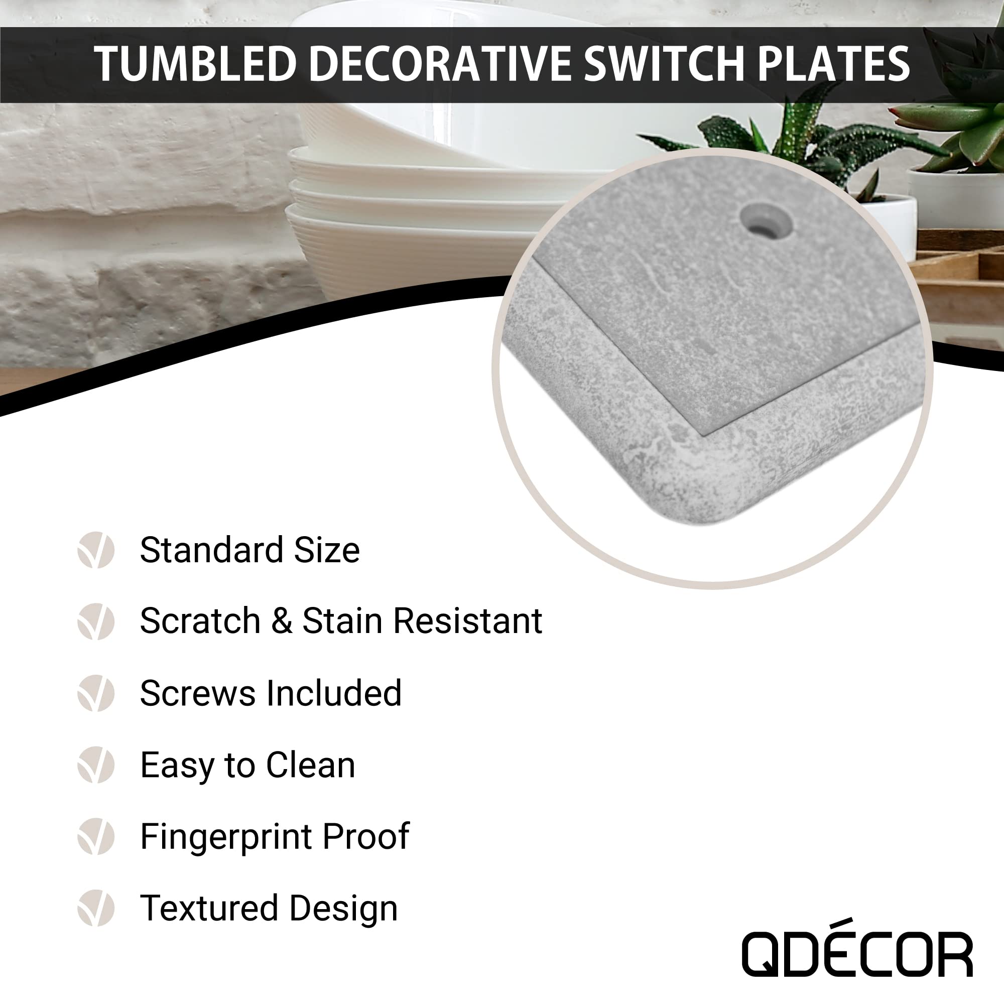 Questech Decor Single Toggle/Single Rocker GFCI Combo Light Switch Cover - 2-Gang Electrical Wall Plate, Standard Size GFCI Cover with Decorative Tumbled Texture in Gray - Perfect for Living Rooms, Bedrooms & Home Renovation Projects
