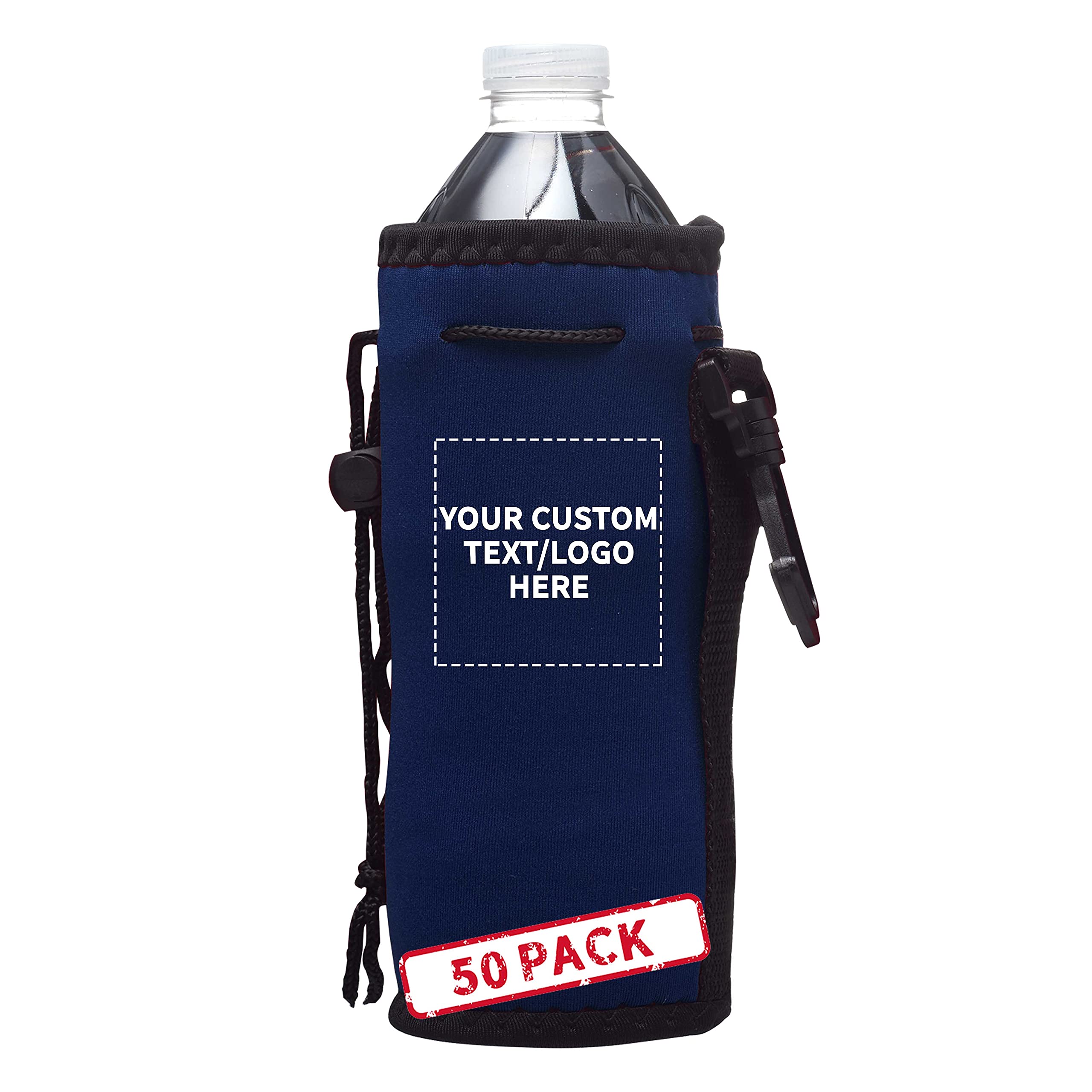 50 Pack Neoprene Water Bottle Insulators with Drawstring - Custom Text & Logo Printing - Fits 12 oz Longneck Bottles - Hook Attachment - Navy Blue - Perfect for Parties, Events & Brand Promotions