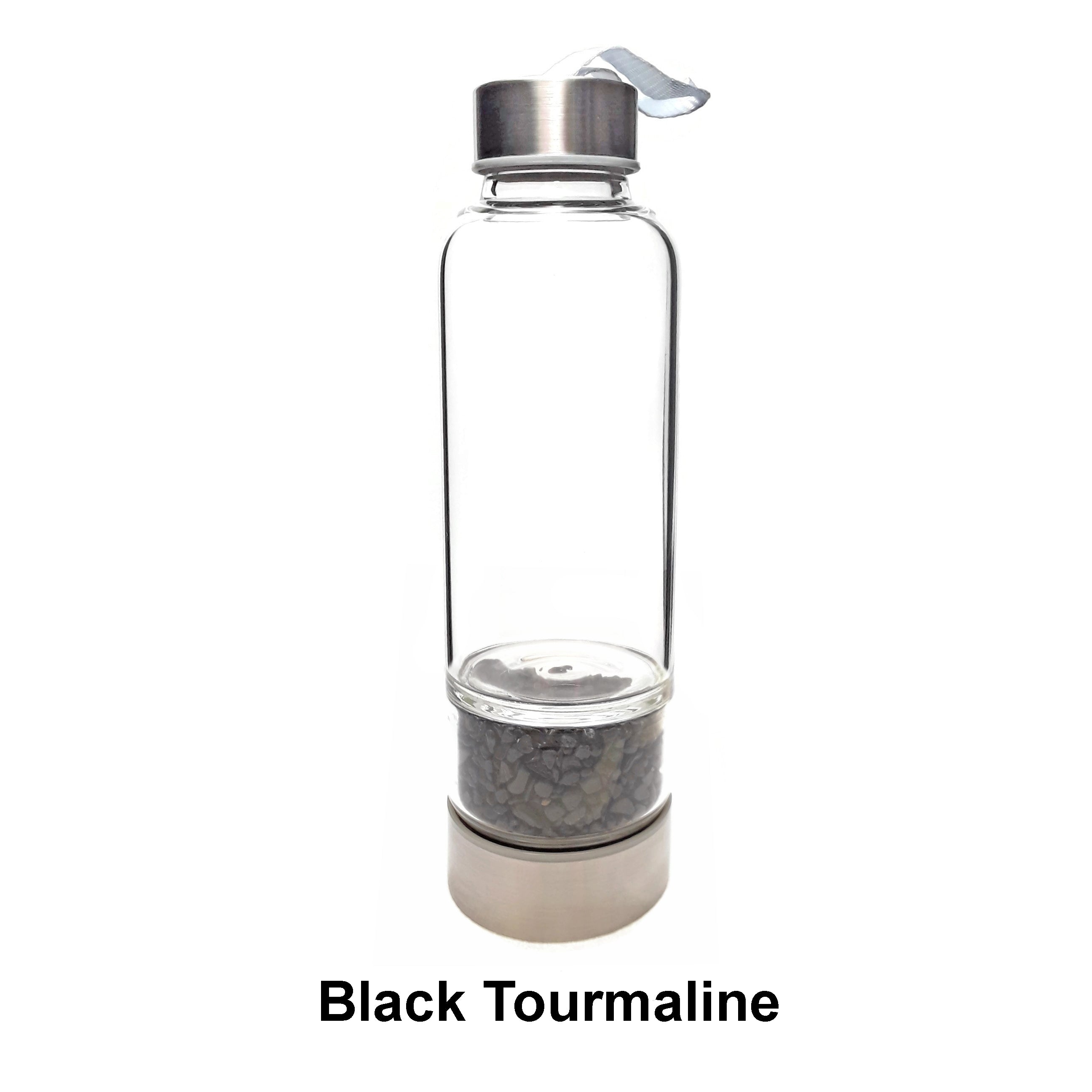 Healing Crystal Infused Glass Water Bottle with Gemstone Chips - Labradorite, Jasper, Rose Quartz, Black Tourmaline & Turquoise | 9