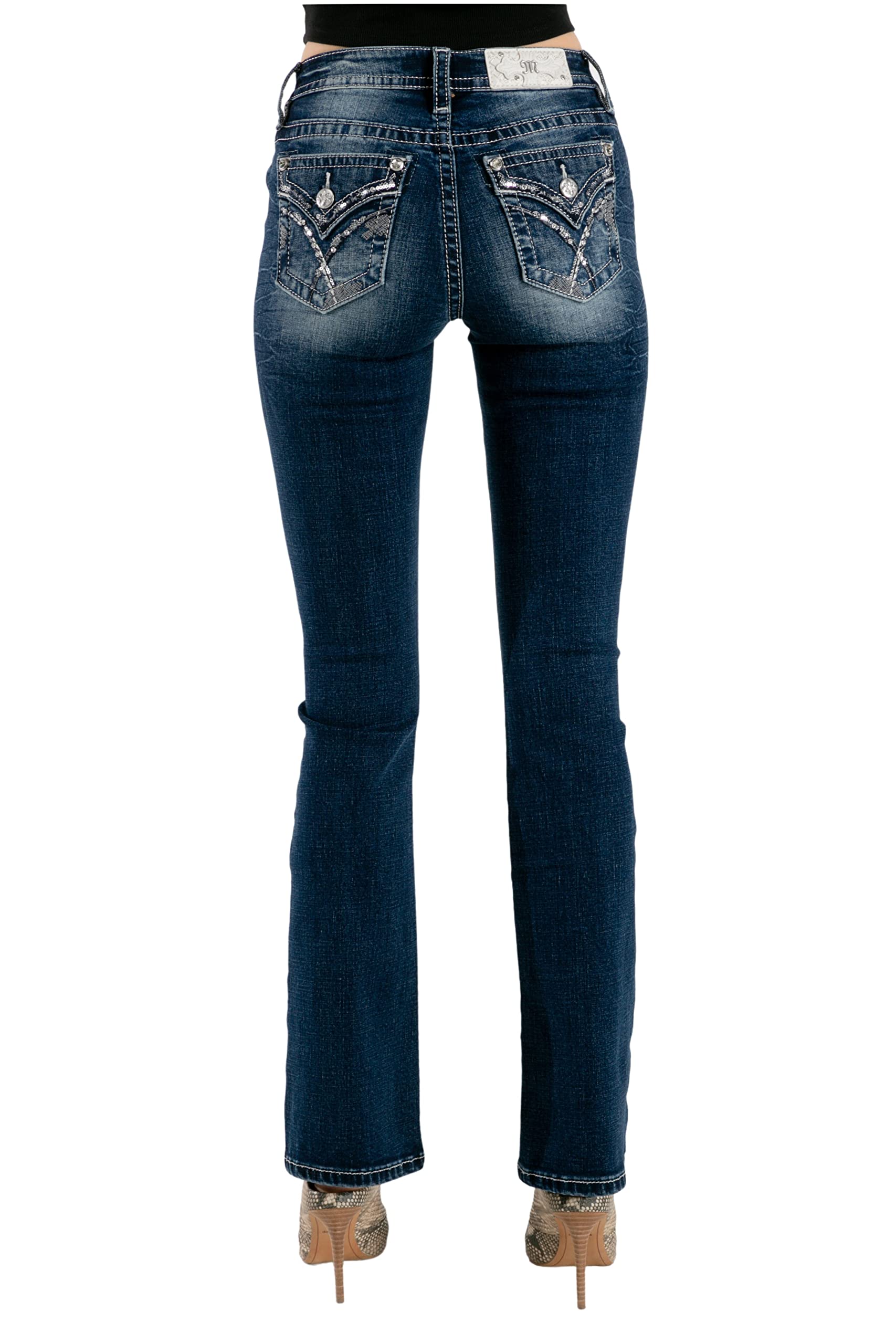 Miss Me Women's Mid-Rise Bootcut Jeans with Faux Flap Pockets & Embellished Crossed Heart Design - Stylish Denim Pants for Casual Wear, Date Night & Everyday Outfits