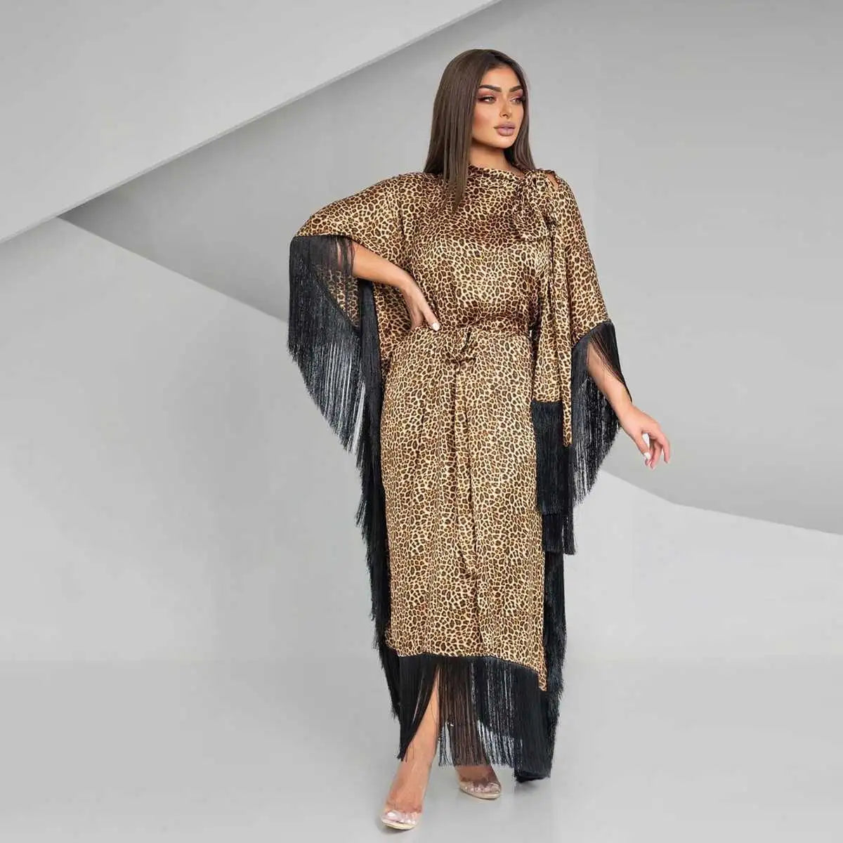 Leopard Print Tassel Sleeve Caftan Dress for Women - Boho Chic Beach Cover Up, Pool Party, Vacation & Summer Outfit