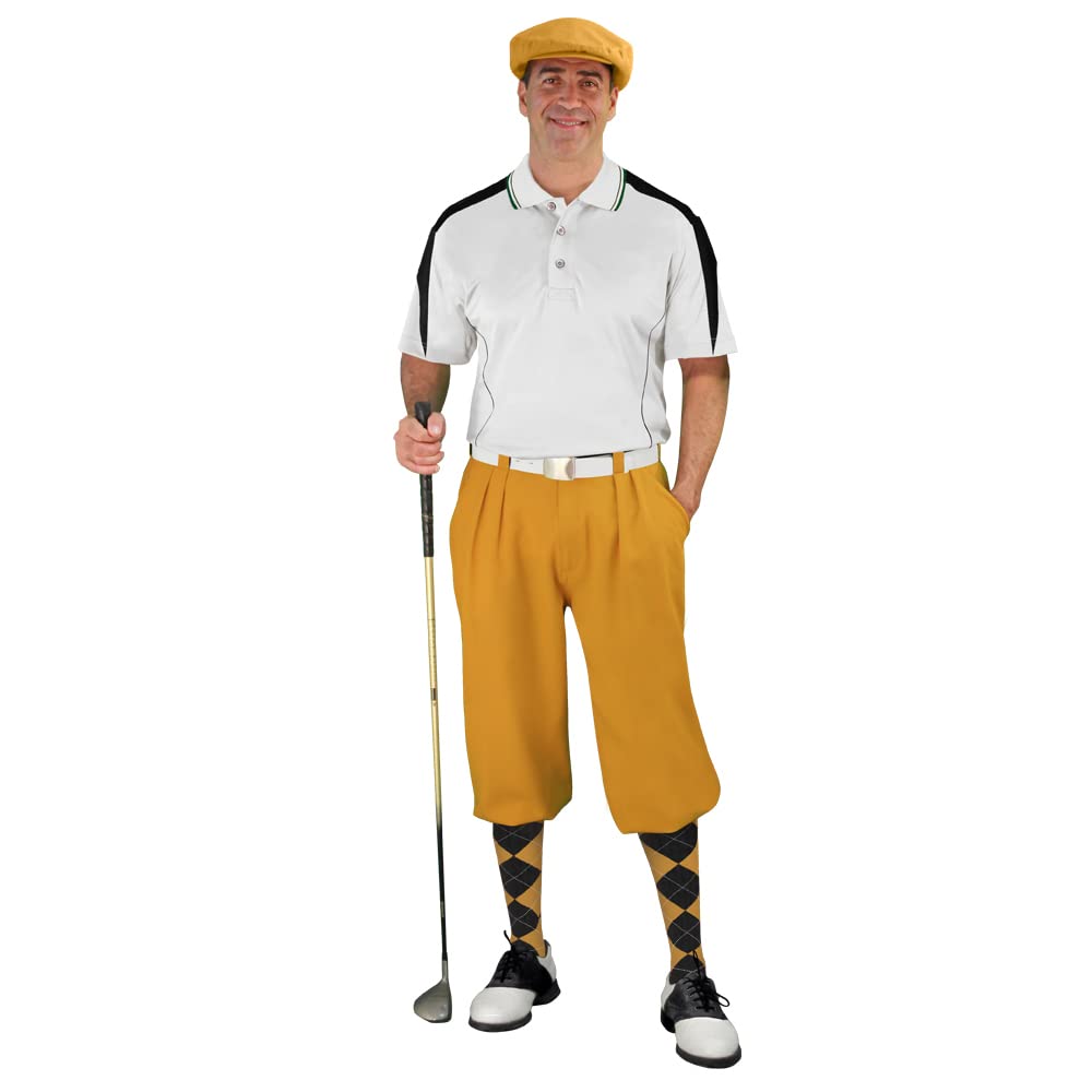 Men's Gold, White & Black Complete Golf Outfit Set - 3XL Shirt & Waist Size 54 - Premium Golf Apparel for Casual & Tournament Play