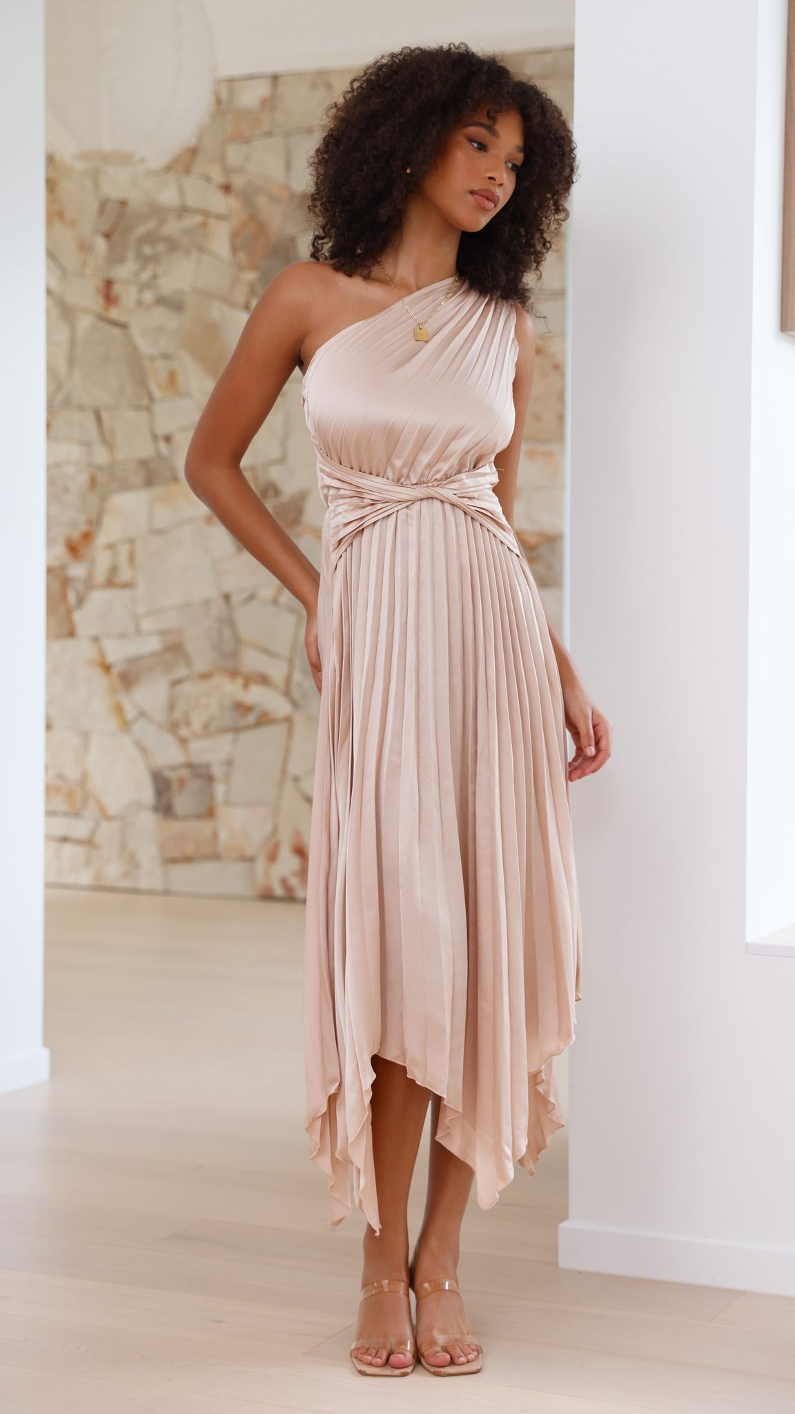 Elegant One Shoulder Midi Dress in Champagne - Perfect for Cocktail Parties, Weddings & Evening Events