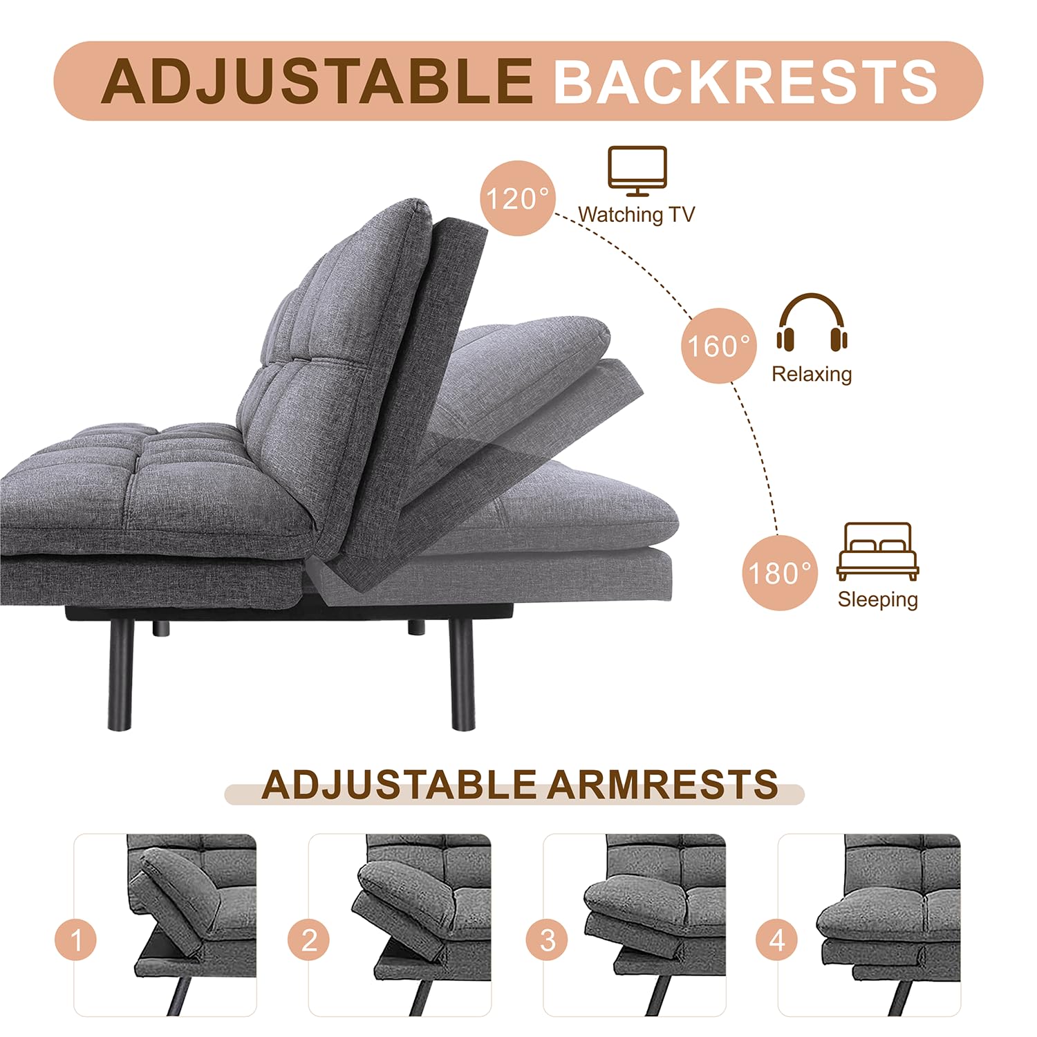 Opoiar Convertible Futon Sofa Bed with Memory Foam & Adjustable Armrests - Multifunctional Sleeper Couch for Small Spaces, Apartment, Office - Deep Grey - Perfect for Guest Rooms, Studio Apartments & Home Offices