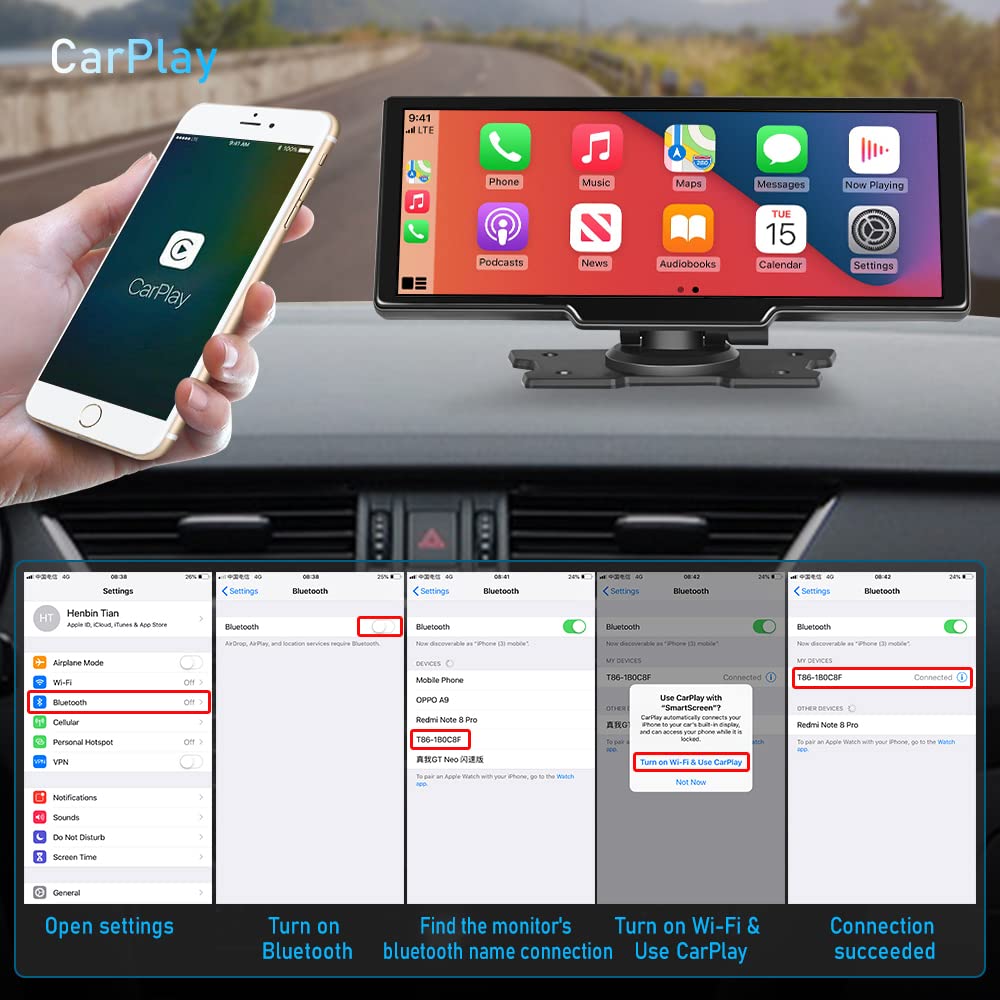 10.26 Inch Wireless CarPlay Monitor with Bluetooth & Android Auto - 2K+1080P Dual Camera Car DVR with HD Backup Display - Perfect for Safe Driving & Parking Assistance
