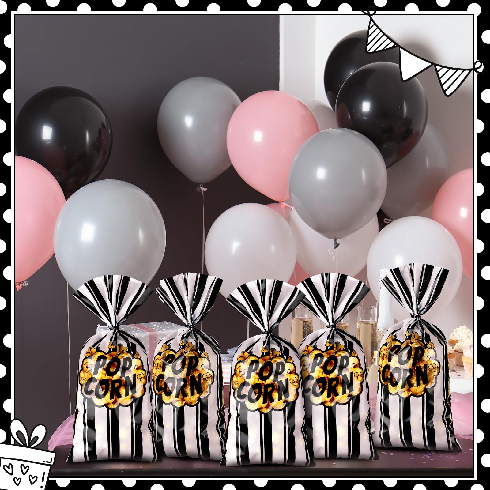 200pcs Popcorn Bags for Movie Night & Parties - Black White Stripe with Twist Ties