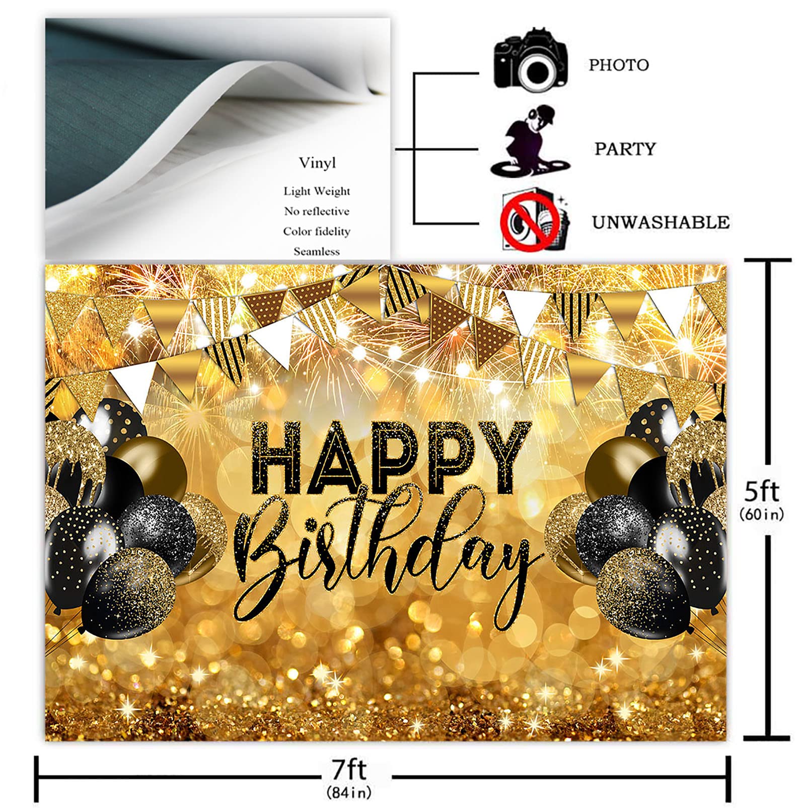 Happy Birthday Backdrop for Adults - Black & Gold Glitter Party Decor with Sparkle Balloons - 7x5ft Photography Background for Men & Women Birthday Celebrations, Photo Shoots, and Special Events