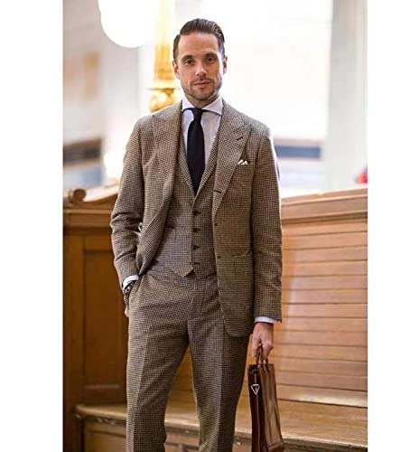 Premium Houndstooth Brown 3-Piece Men's Suit - Slim Fit Check Tuxedo with Peaked Lapel (Blazer, Vest & Pants) for Wedding, Formal Events & Business Occasions