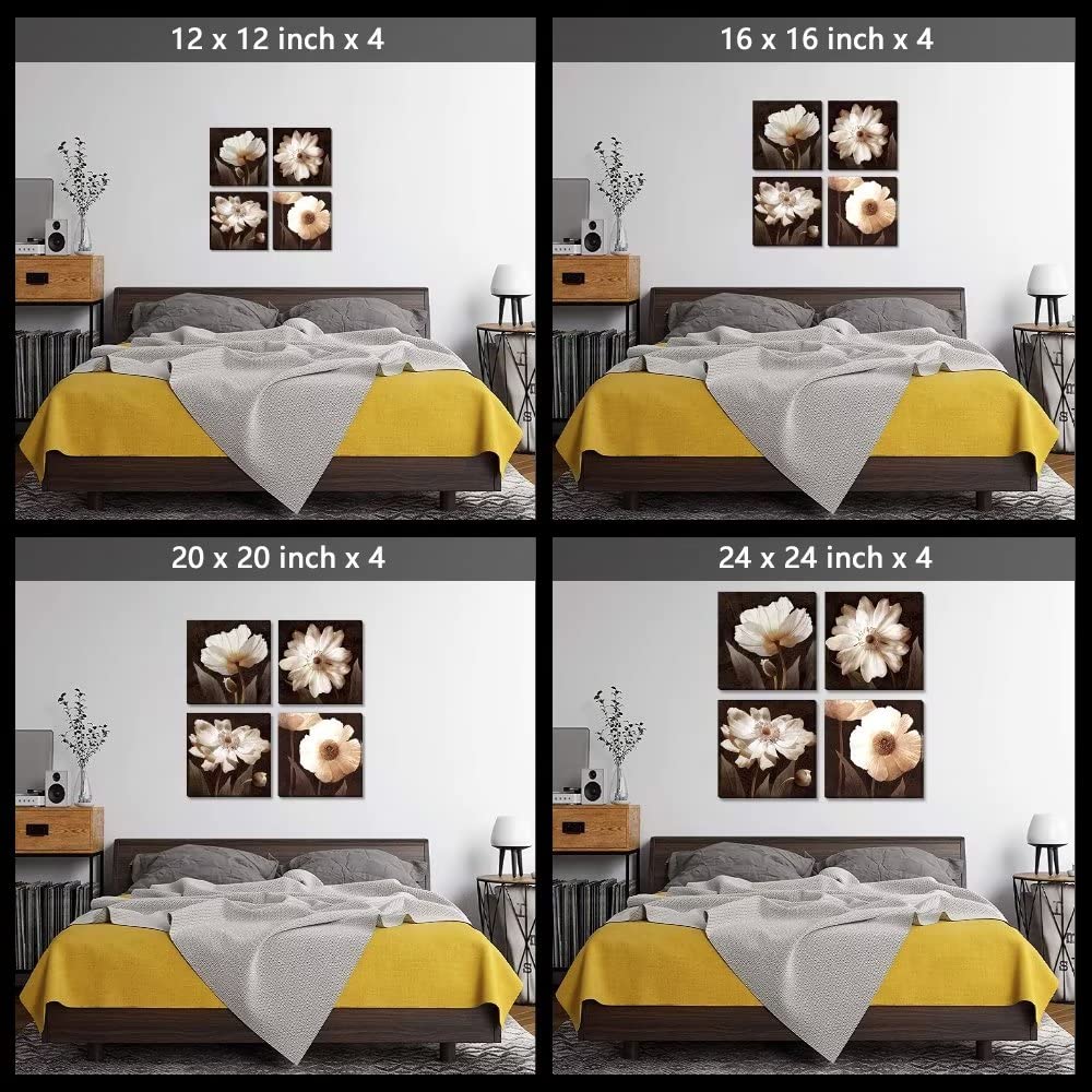 Brown Floral Abstract Canvas Wall Art Set - HDQ Framed Giclee Prints for Living Room & Bedroom Decor (20x20 Inch, 4 Panels) | Perfect for Home, Office & Gift Giving