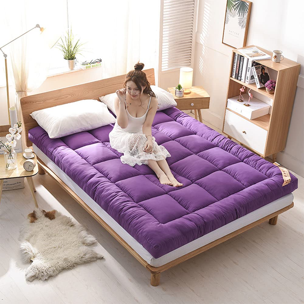 KKCD Japanese Floor Mattress Futon - Thick Tatami Mat with Feather Velvet Topper - Foldable Roll-Up Sleeping Pad for Single/Double Use - Queen Size in Purple - Perfect for Guest Beds, Dorm Rooms & Small Spaces