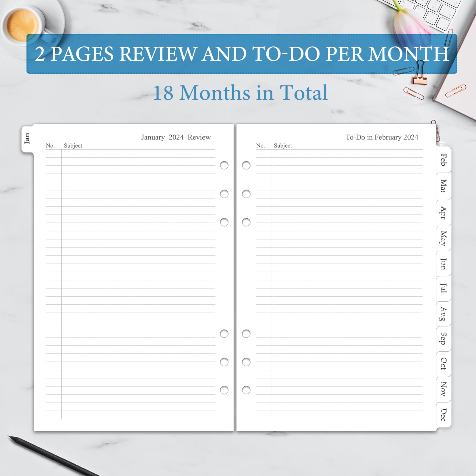 2024-2025 Monthly Planner Refill - A5 6-Hole Planner Inserts (Jan 2024-Jun 2025) | 18 Monthly Calendars with Tabs | 5.5
