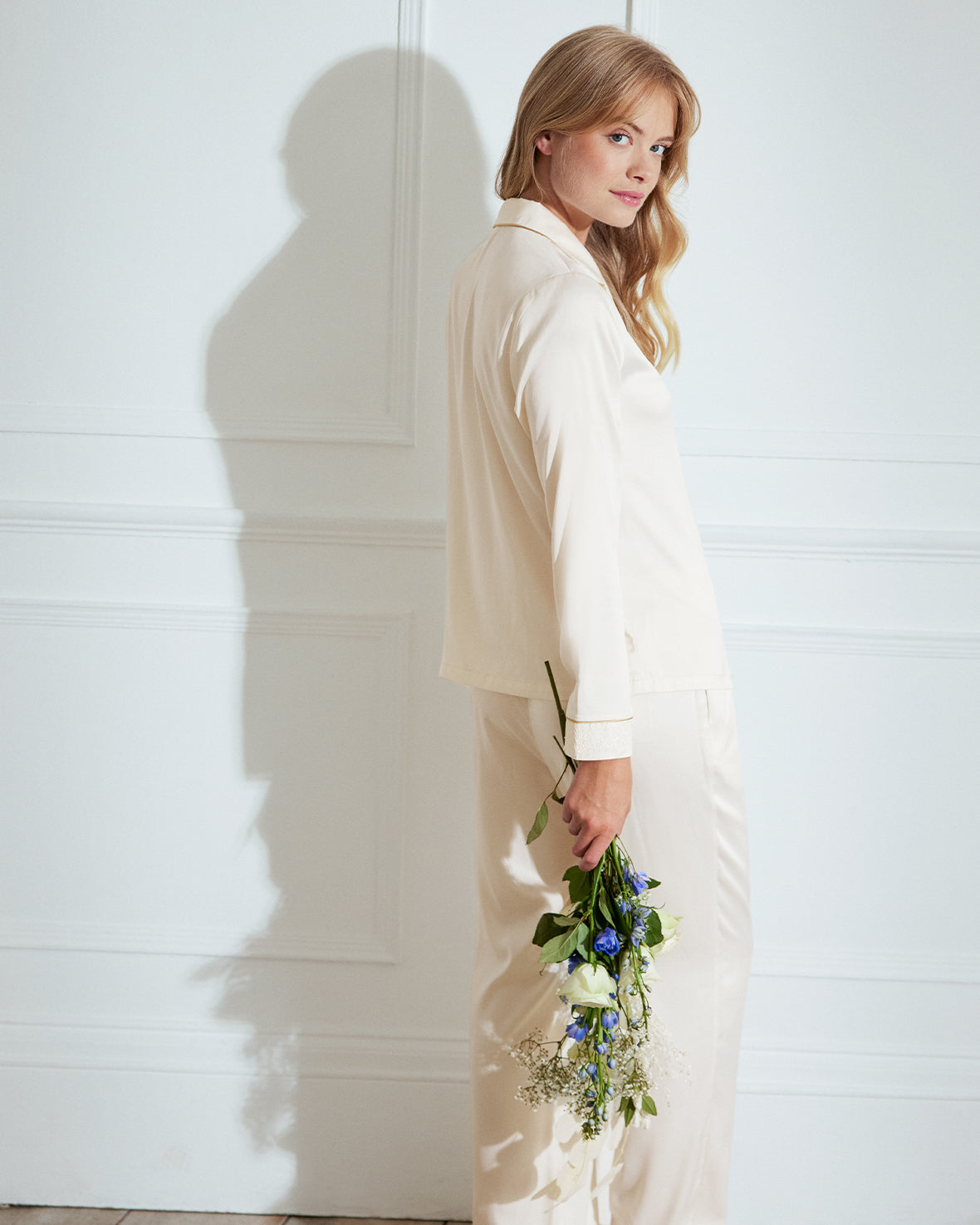 Luxury Satin Lace Trim Long Pajama Set for Women - Soft Ivory Sleepwear - Perfect for Valentine's Day, Anniversary Gifts & Romantic Nights