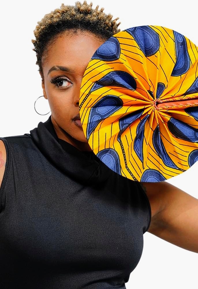 Dupsie's Khanita Foldable African Print Ankara Fan - Orange & Blue Peacock Pattern (DPPF3816) | Handheld Cooling Fan for Outdoor Events, Weddings & Cultural Celebrations