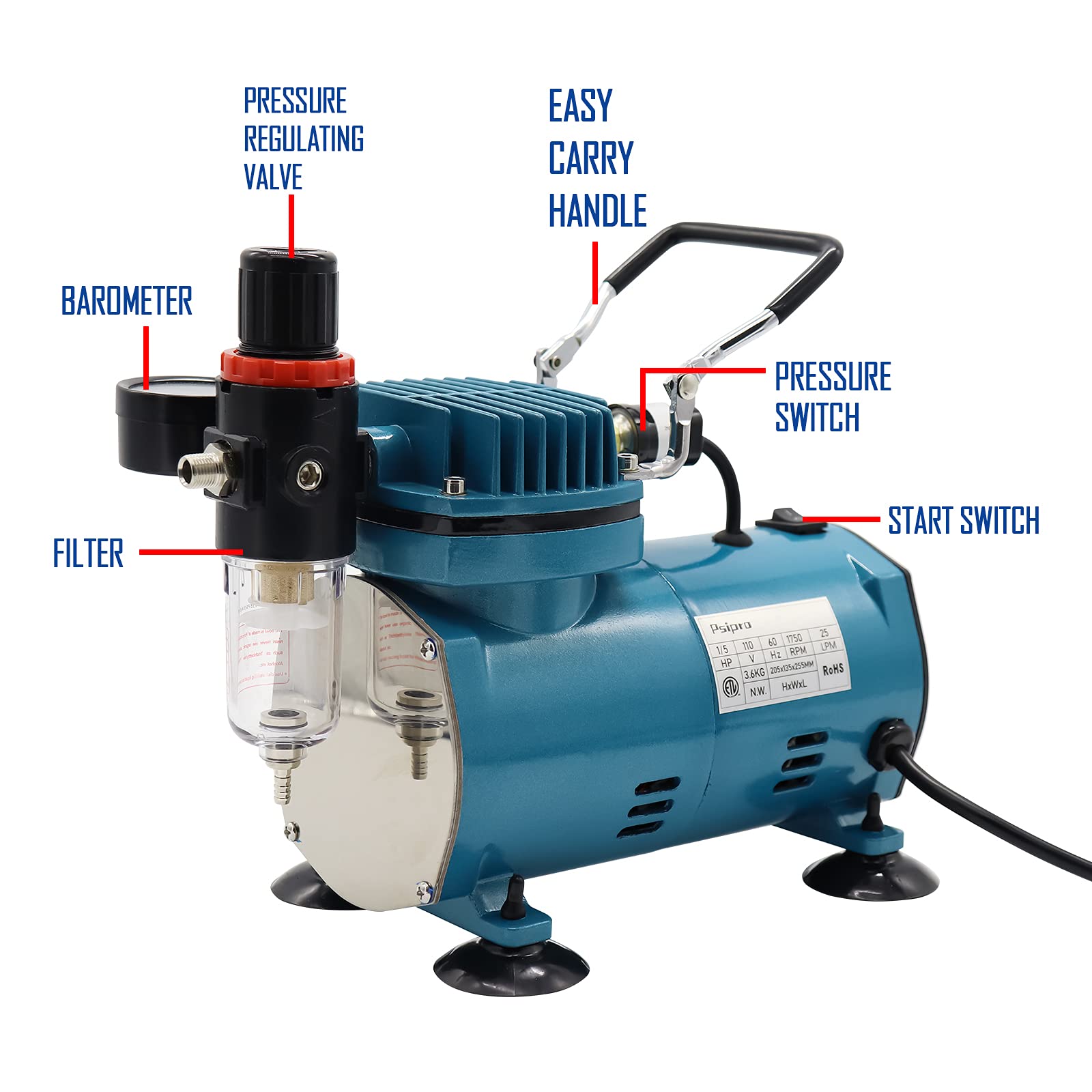 1/5HP Airbrush Compressor Kit with Dual-Action Gravity Feed Airbrush, Holder, Cleaning Brush & 6ft Hose - Perfect for Model Painting, Cake Decorating, Nail Art & DIY Crafts