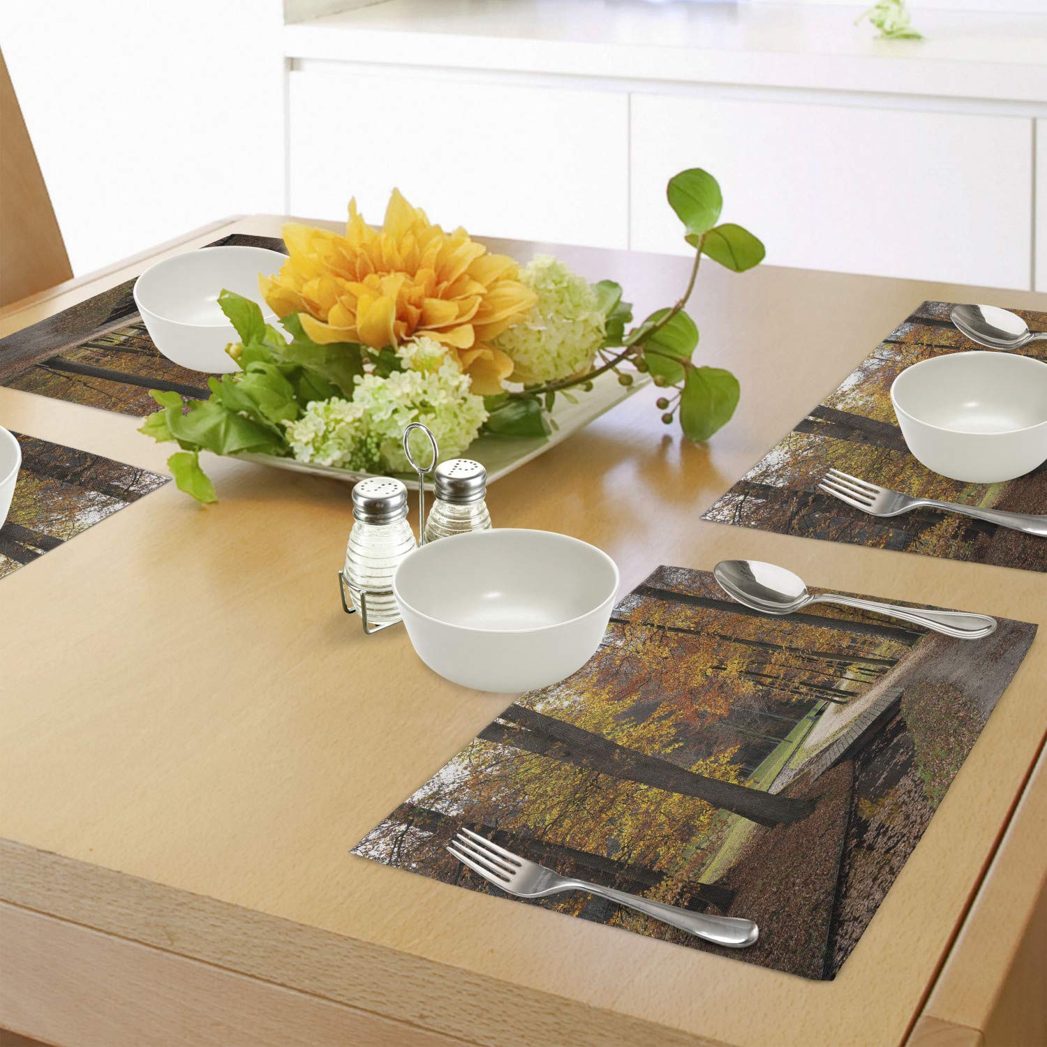 Ambesonne Autumn Placemats Set of 4 - Waterproof Fabric Table Mats with Rainy Forest Path Photographic Design, Washable for Dining Room & Kitchen Decor in Marigold Amber & Seal Brown | Perfect for Fall Dinner Parties, Thanksgiving Table Settings & Cozy Home Decor