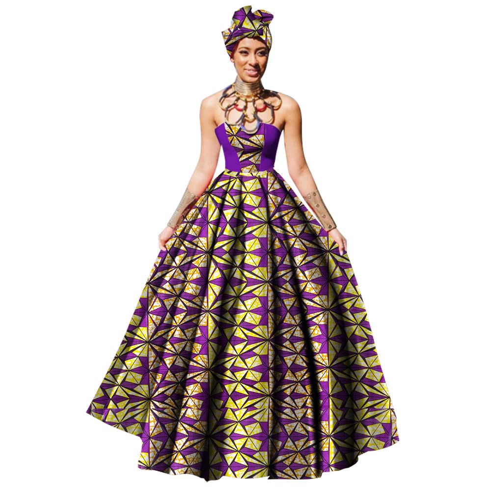 BAZINRICHE African Print Dashiki Dress for Women - Elegant Strapless Ball Gown Maxi Dress with Matching Headscarf (No Necklace Included) | Perfect for Parties, Weddings & Cultural Events