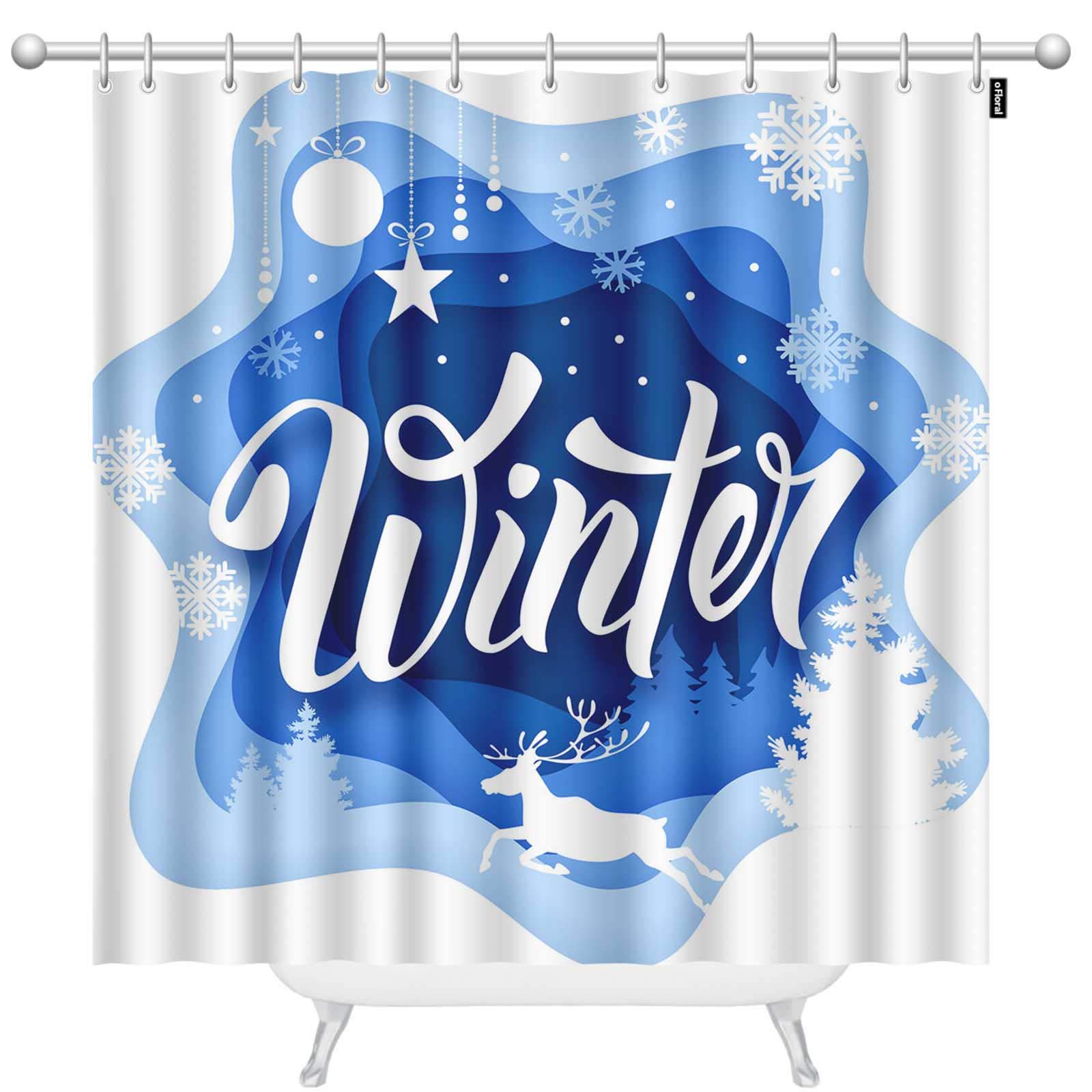 Floral Hand-Painted Winter Shower Curtain Set with 12 Hooks - Snowflake & Star Design, 72x78 Inch Modern Bathroom Decor for Cozy Seasonal Atmosphere