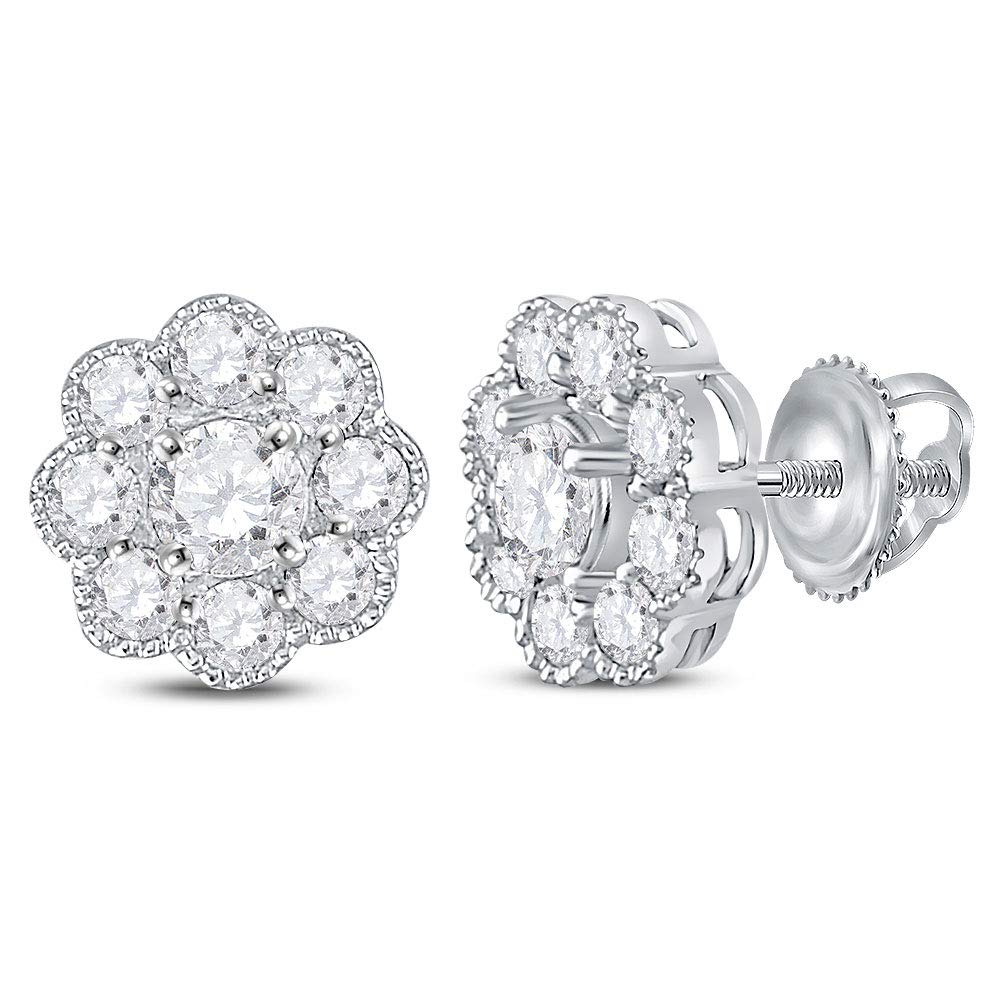 14K White Gold Women's Round Diamond Flower Cluster Stud Earrings - 1.00 Carat Total Weight | Elegant Jewelry Gift for Her, Perfect for Weddings, Anniversaries & Special Occasions