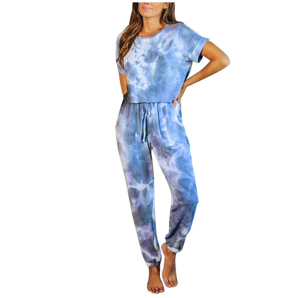 Women's Tie Dye Loose Fit Short Sleeve Sleep Shirt Onesie Set - Comfortable Half Sleeve One Piece Pajama Outfit for Lounge, Sleep & Relaxation at Home