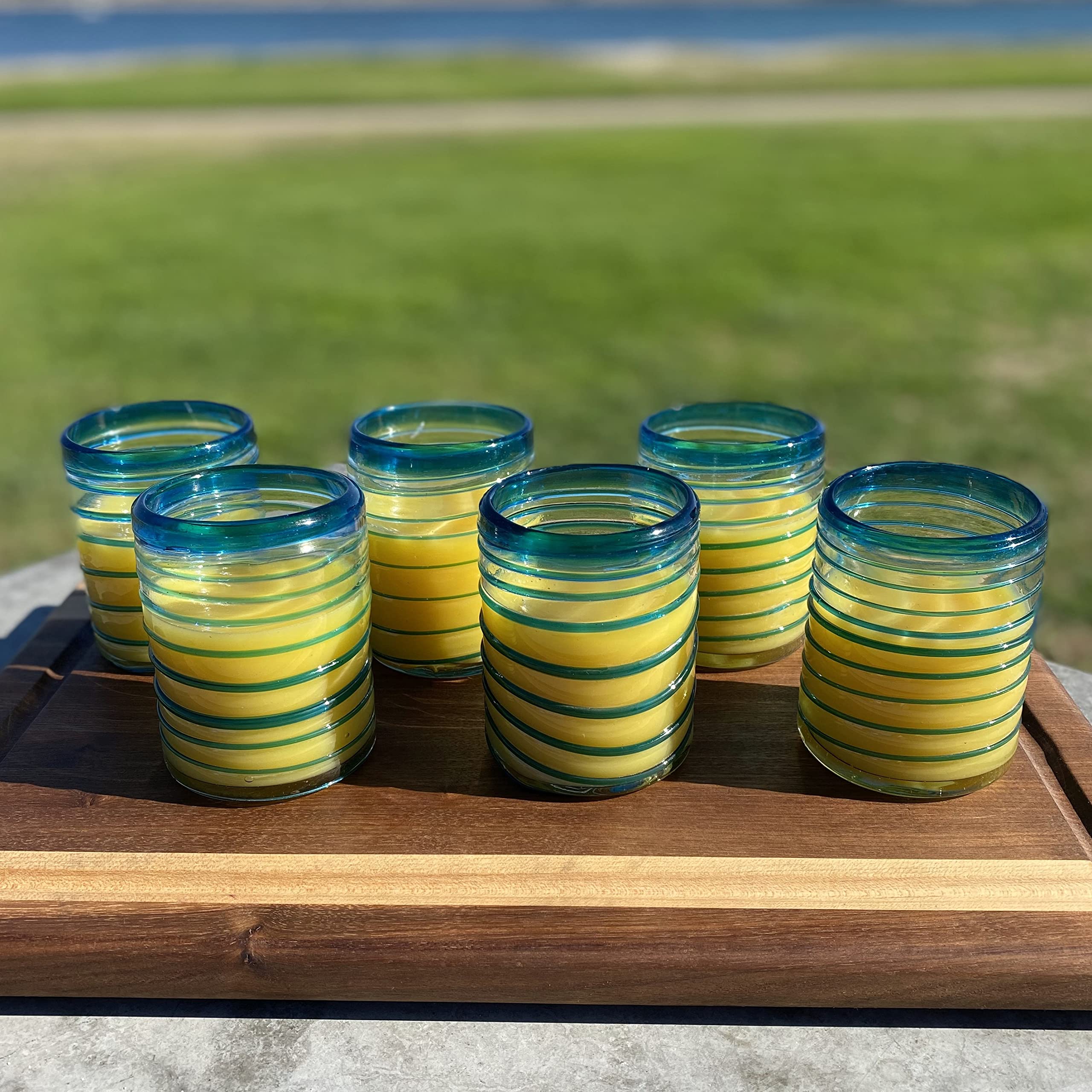 Hand Blown Mexican Drinking Glasses Set of 6 - 10oz Aqua Spiral Design Tumbler Glasses for Margaritas, Cocktails & Iced Tea - Durable & Unique Glassware for Home Bar, Restaurant or Party Use