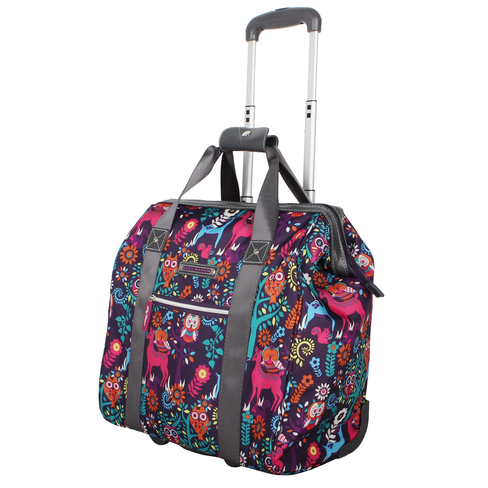 Lily Bloom Designer Under the Seat Tote - 15 Inch Patterned Carry-On Luggage for Women - Lightweight Rolling Cabin Bag with 2 Wheels (Wildwoods) - Perfect for Air Travel, Weekend Getaways & Business Trips