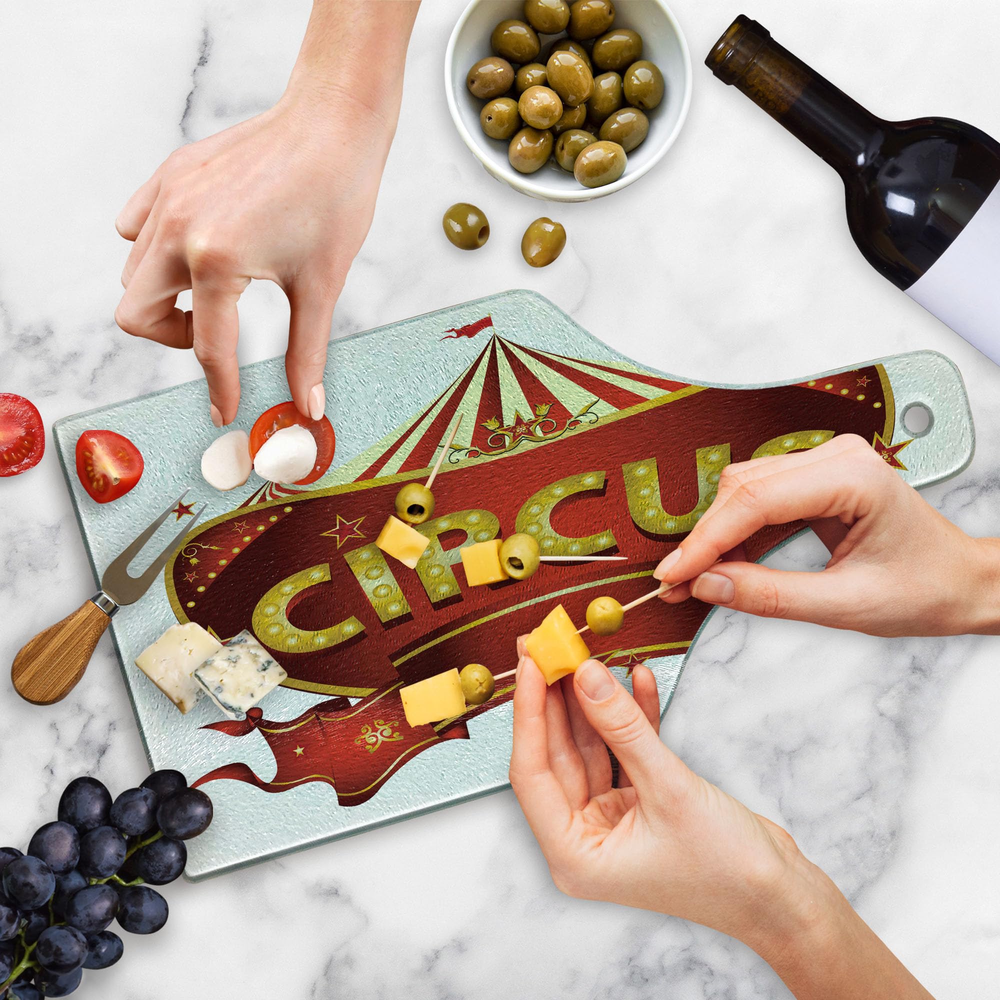 Ambesonne Circus Themed Cutting Board - Baroque Style Big Top Marquee Design, Tempered Glass Serving Board for Kitchen & Entertaining - Wine Bottle Shape in Yellow, White & Red | Perfect for Parties, Wine Tasting & Retro Home Decor