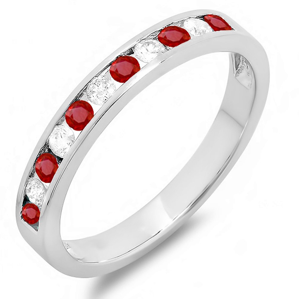 14K Solid White Gold Round Ruby & Diamond Stackable Wedding Band for Women - Anniversary, Engagement & Bridal Jewelry - Perfect for Proposals, Vows & Special Occasions