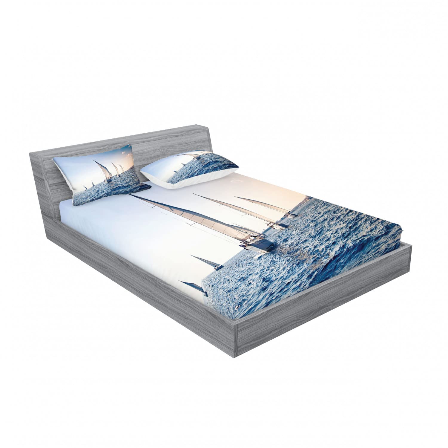 Ambesonne 4-Piece Nautical Bedding Set - 2 Full Size Fitted Sheets & 2 Pillow Shams with Sailboat Racing Design in Blue and White | Sporty Coastal Decor for Guest Rooms, Beach Houses & Nautical Themed Bedrooms