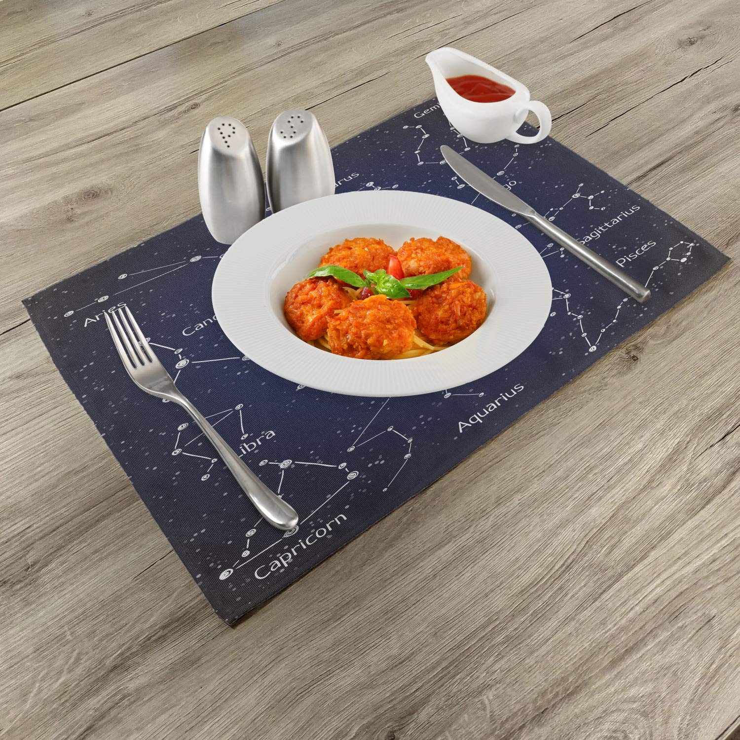 Ambesonne 4-Pack Constellation Placemats Set - Zodiac Star Clusters & Sign Names in Chalk Writing Style - Washable Fabric Table Mats for Dining Room & Kitchen Decor (Blue, Dark Blue, White) - Perfect for Dinner Parties, Holiday Gatherings & Astrology-Themed Decor