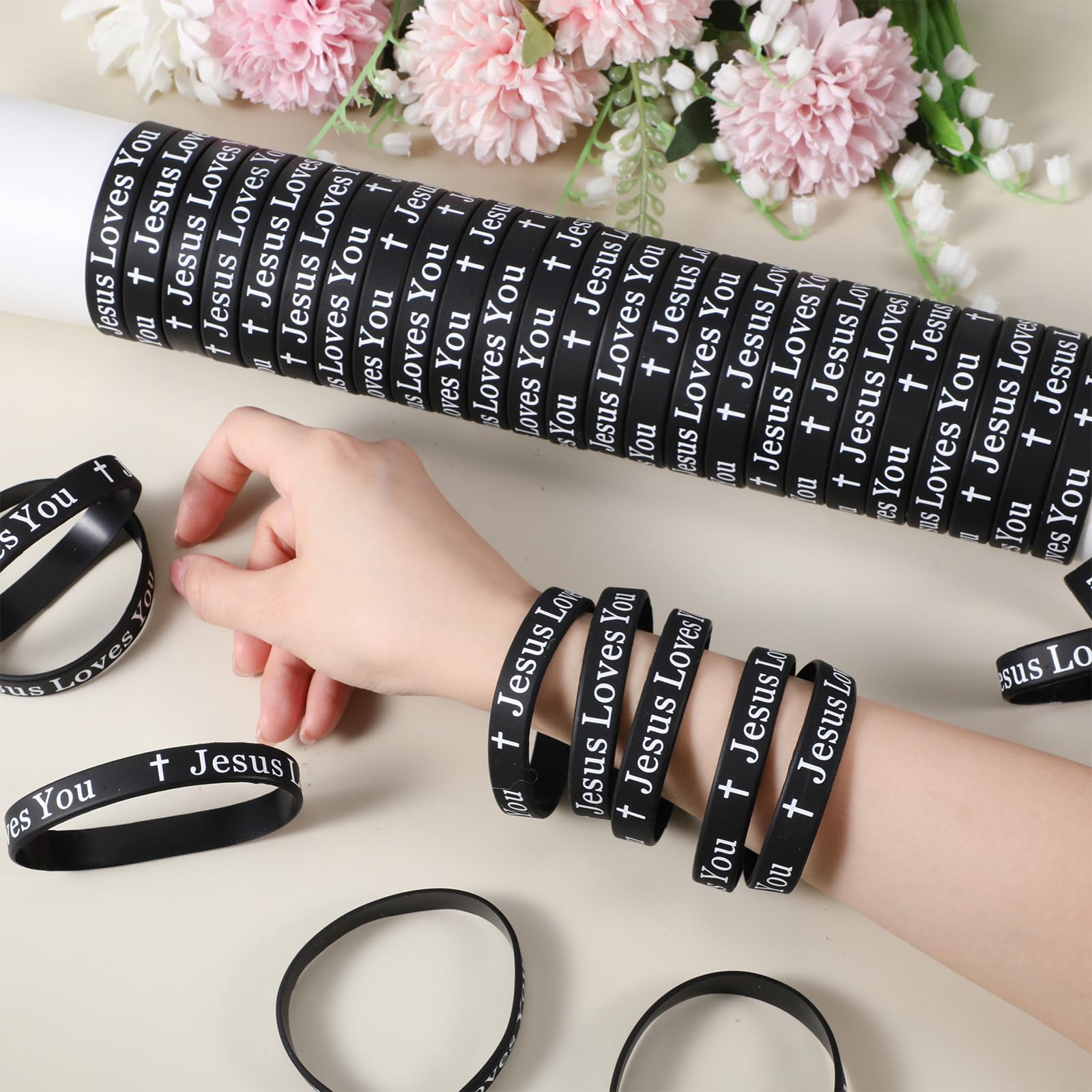 50 Pcs Jesus Loves You Silicone Wristbands - Christian Motivational Rubber Bracelets for Men & Women - Religious Inspirational Jewelry - Church Gifts & Party Favors (Black) - Perfect for Worship, Bible Study & Faith Events