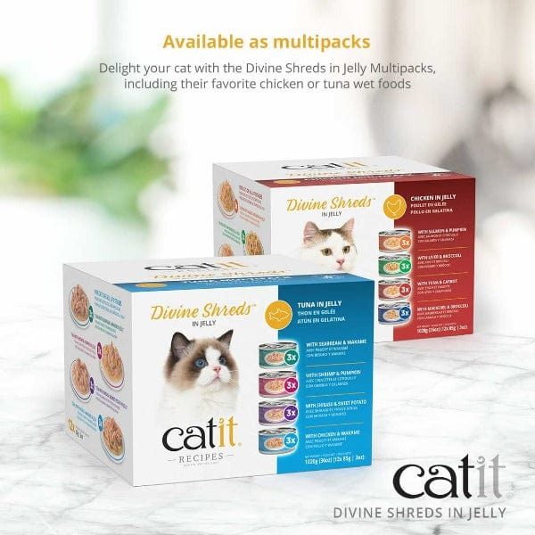 Premium Catit Divine Shreds Chicken with Mackerel & Broccoli in Jelly Canned Cat Food Topper - 4 Pack for Adult Cats | High Protein Wet Cat Food Supplement | Perfect for Picky Eaters & Mealtime Enhancement